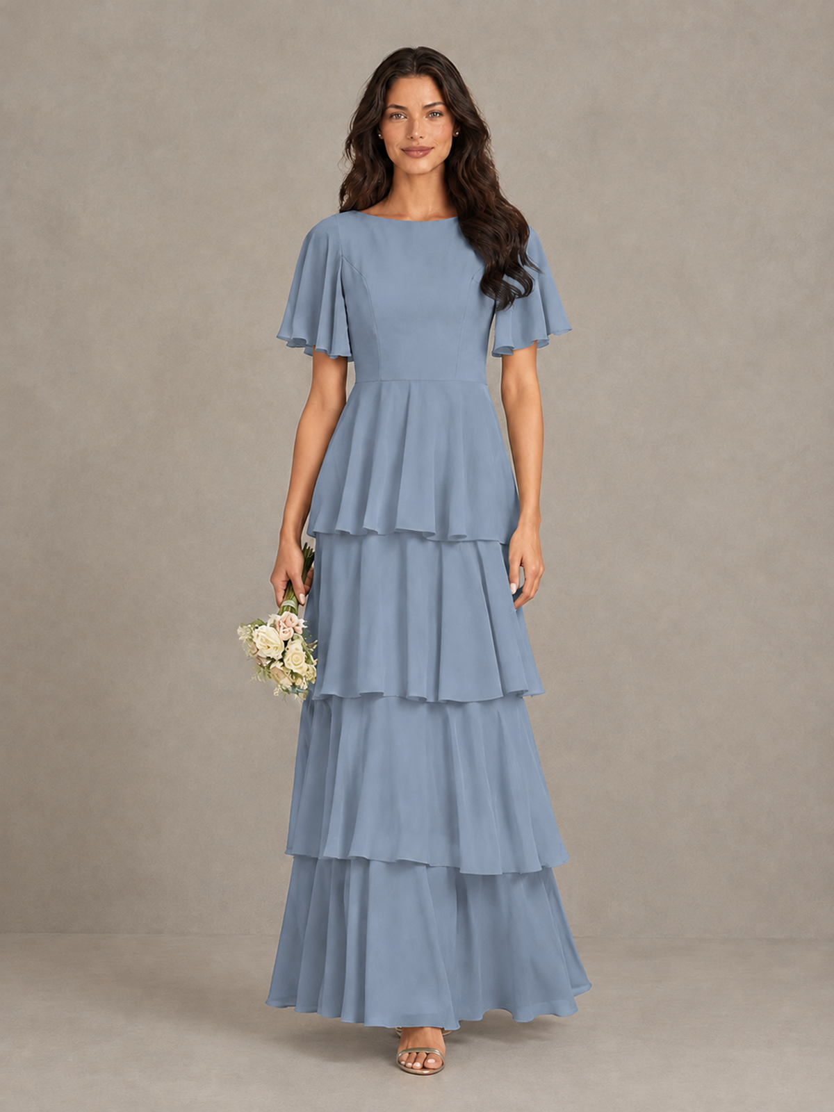 BOLODOO Dusty Blue Tiered Flutter Sleeve Bridesmaid Dress - Dusty Blue - Dusty Blue_4