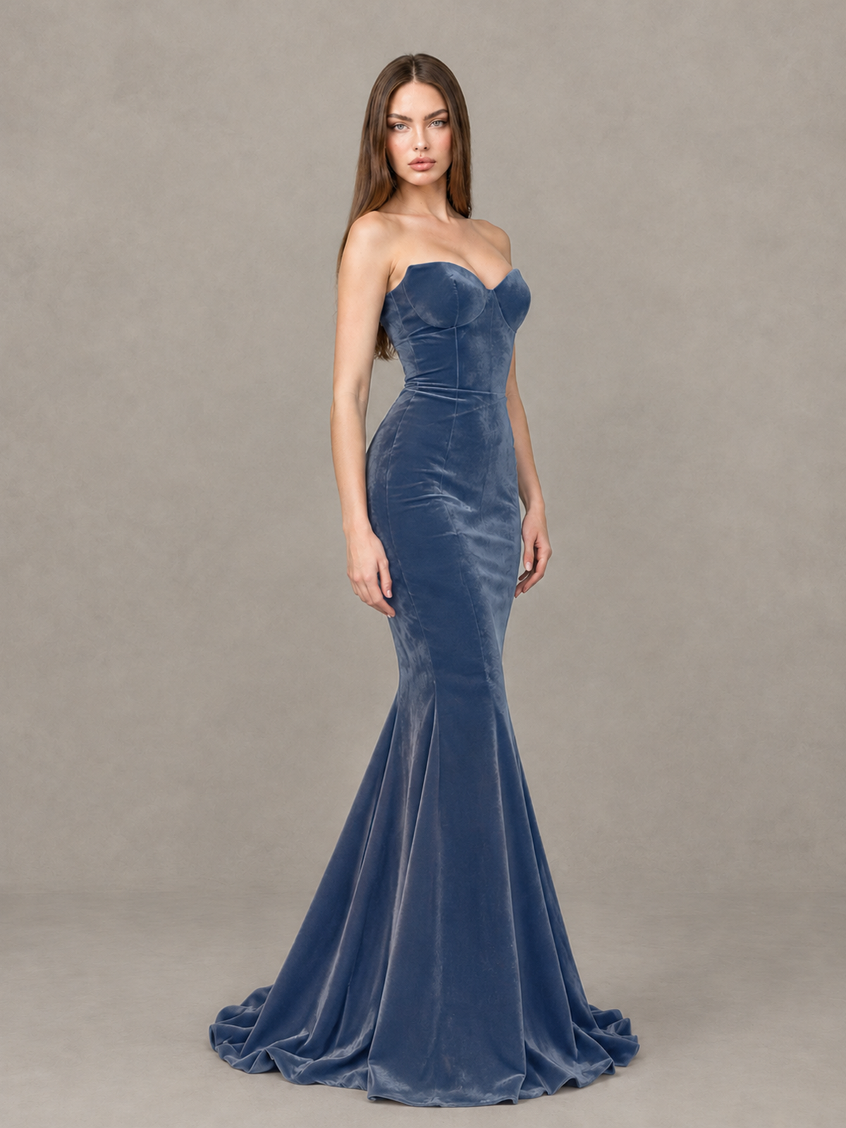 BOLODOO Dusty Blue Strapless Sweetheart Velvet-Look Mermaid Evening Dress - Dusty Blue - Dusty Blue_4