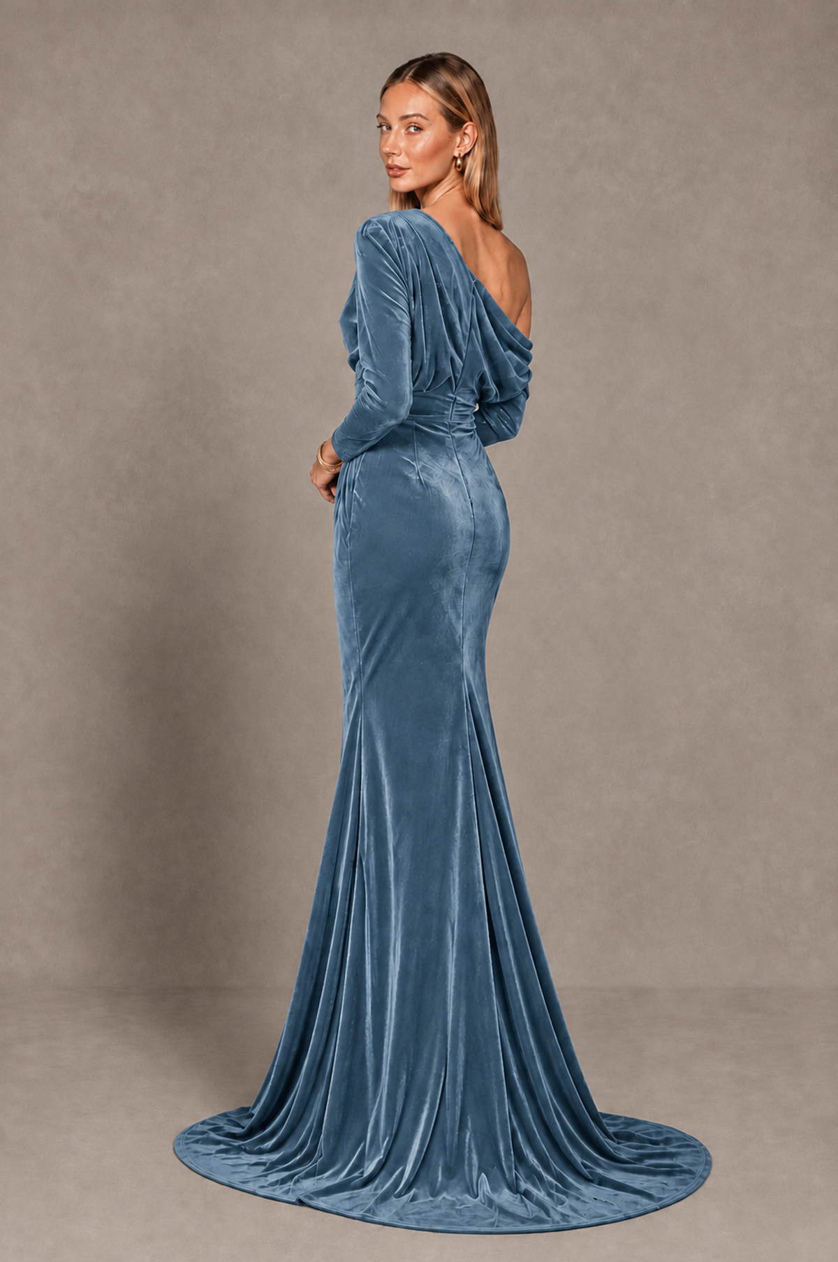 BOLODOO Dusty Blue Velvet Asymmetric Neck Mermaid Evening Dress - Dusty Blue - Dusty_Blue_4