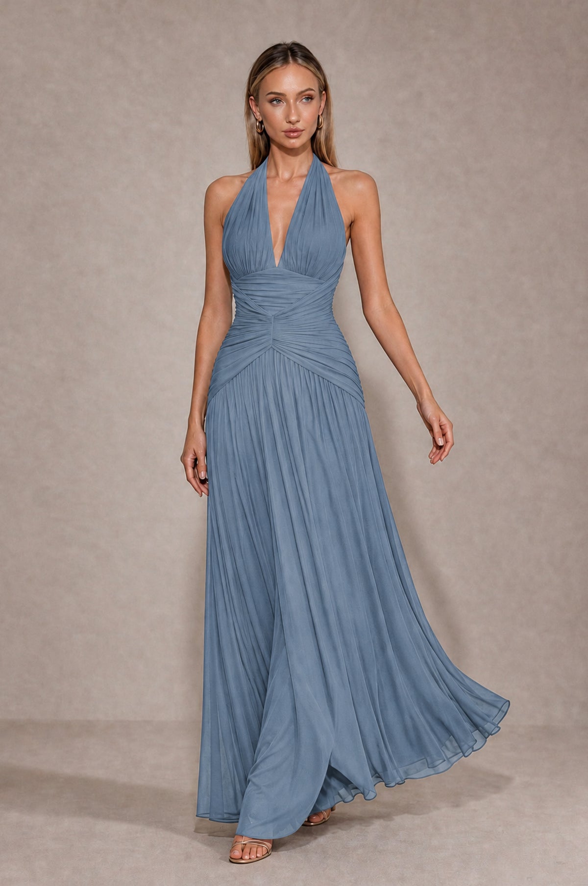 BOLODOO Dusty Blue Chiffon Halter Deep V-Neck Ruched A-Line Backless Maxi Dress with Train-BD0167 - Dusty Blue - Dusty Blue_4