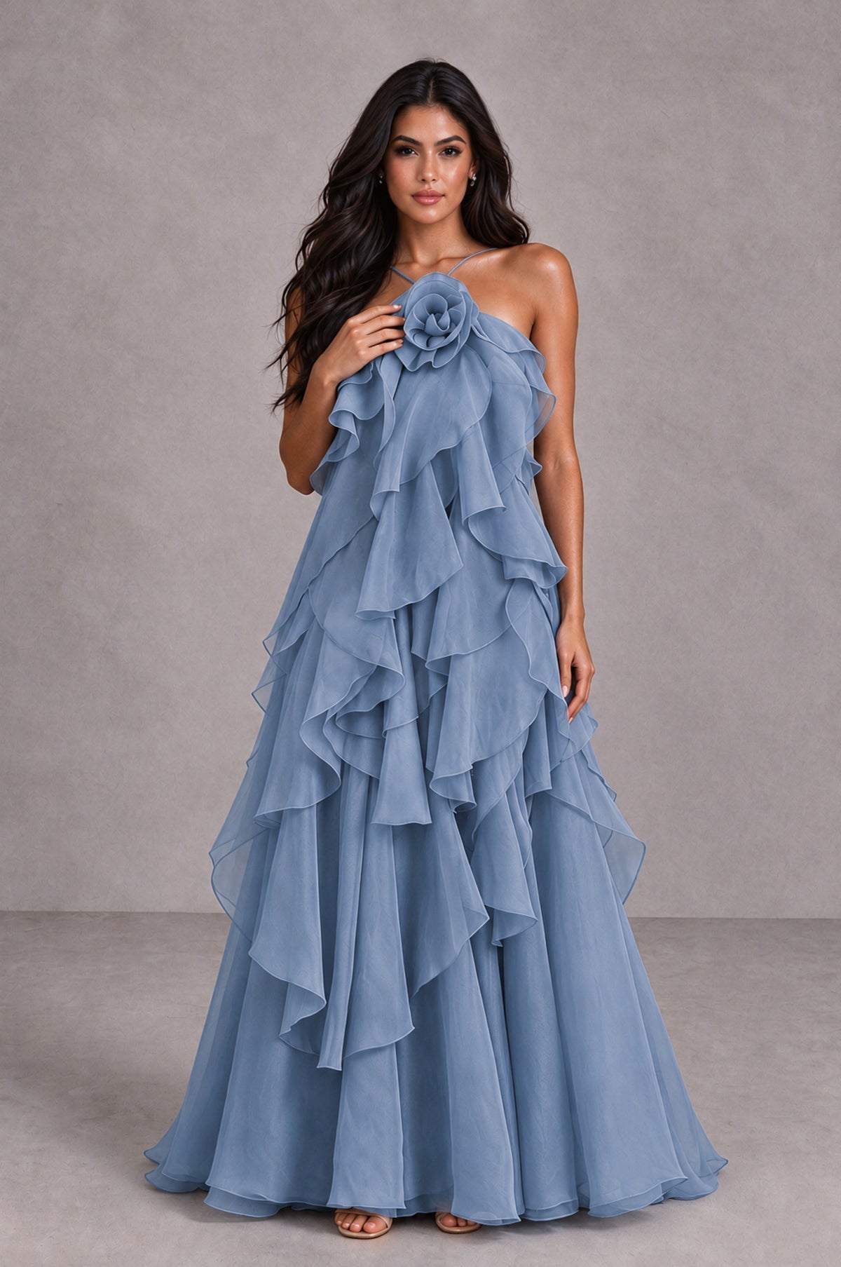 BOLODOO Dusty Blue Cascading Ruffle Rosette Open-Back Maxi Dress - Dusty Blue - Dusty Blue_4