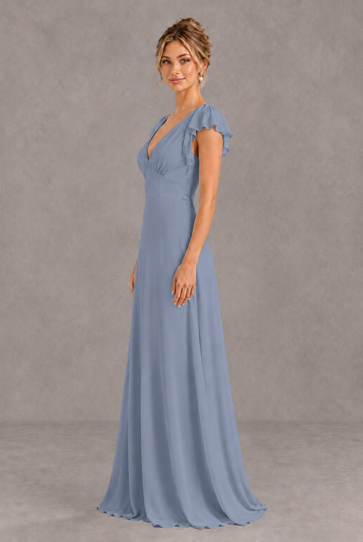 BOLODOO Dusty Blue V-Neck Flutter Sleeve A-Line Bridesmaid Dress - Dusty Blue - Dusty Blue_4