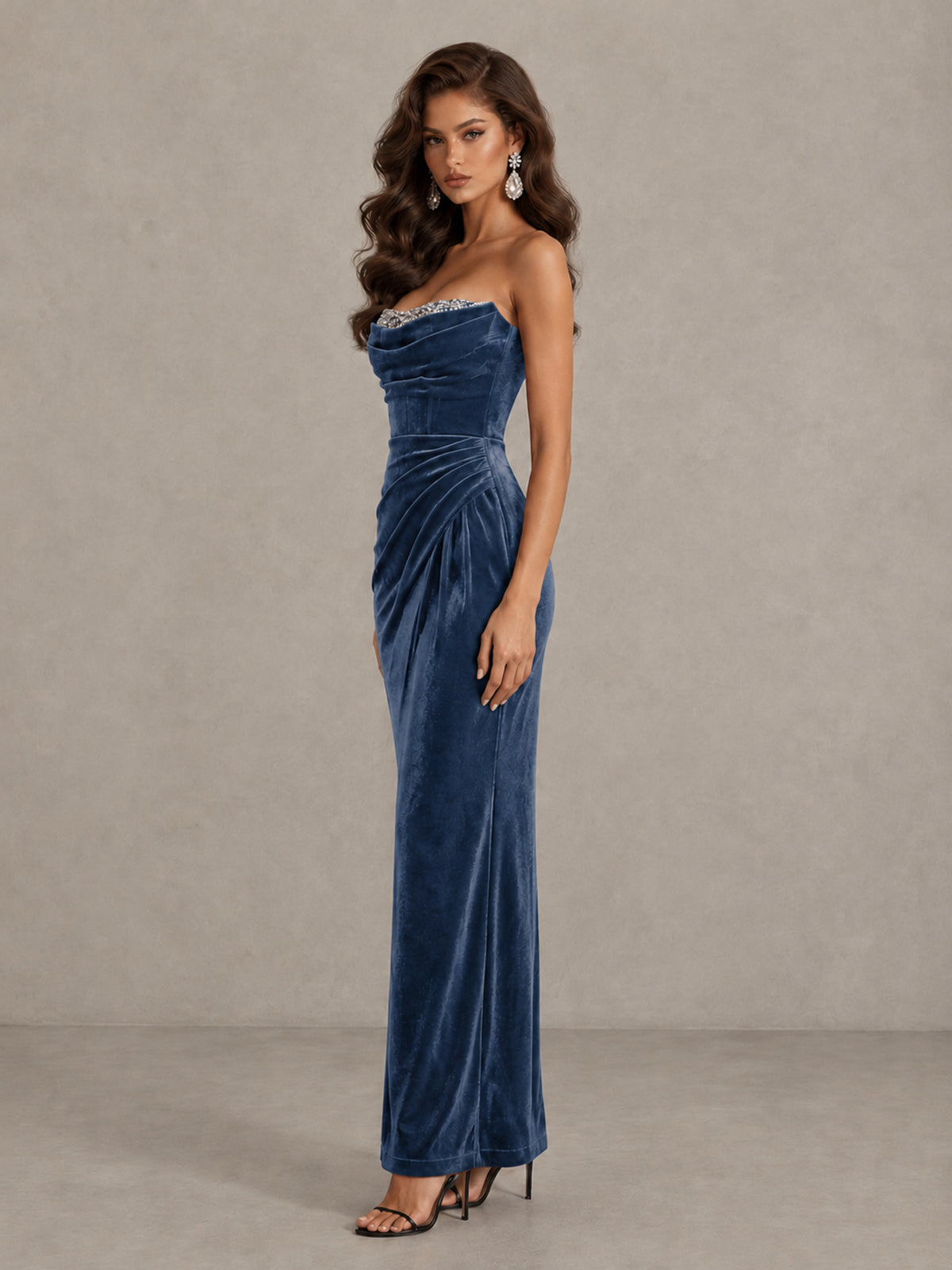 BOLODOO Dusty Blue Strapless Velvet Cocktail Maxi Dress - Dusty Blue - Dusty Blue_4