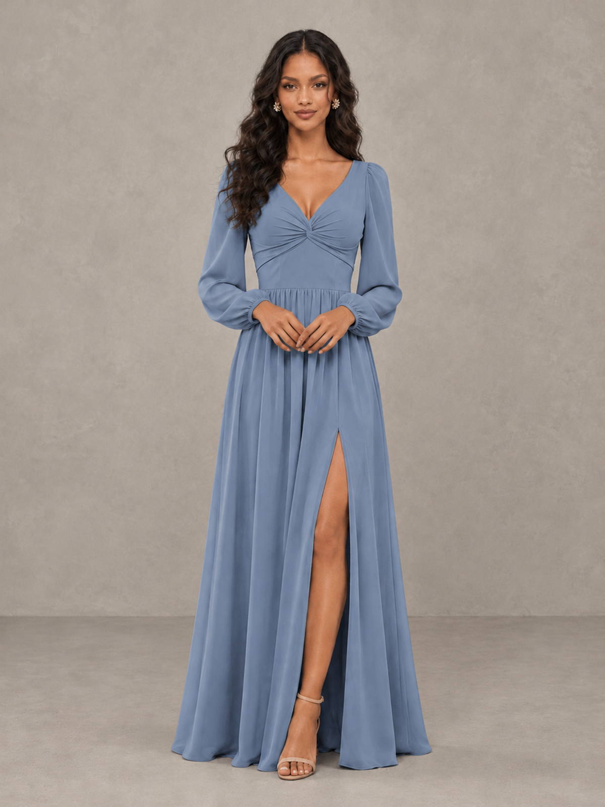 BOLODOO Dusty Blue V-Neck Long Sleeve Bridesmaid Dress with Tie Back and Slit - Dusty Blue - Dusty Blue_4