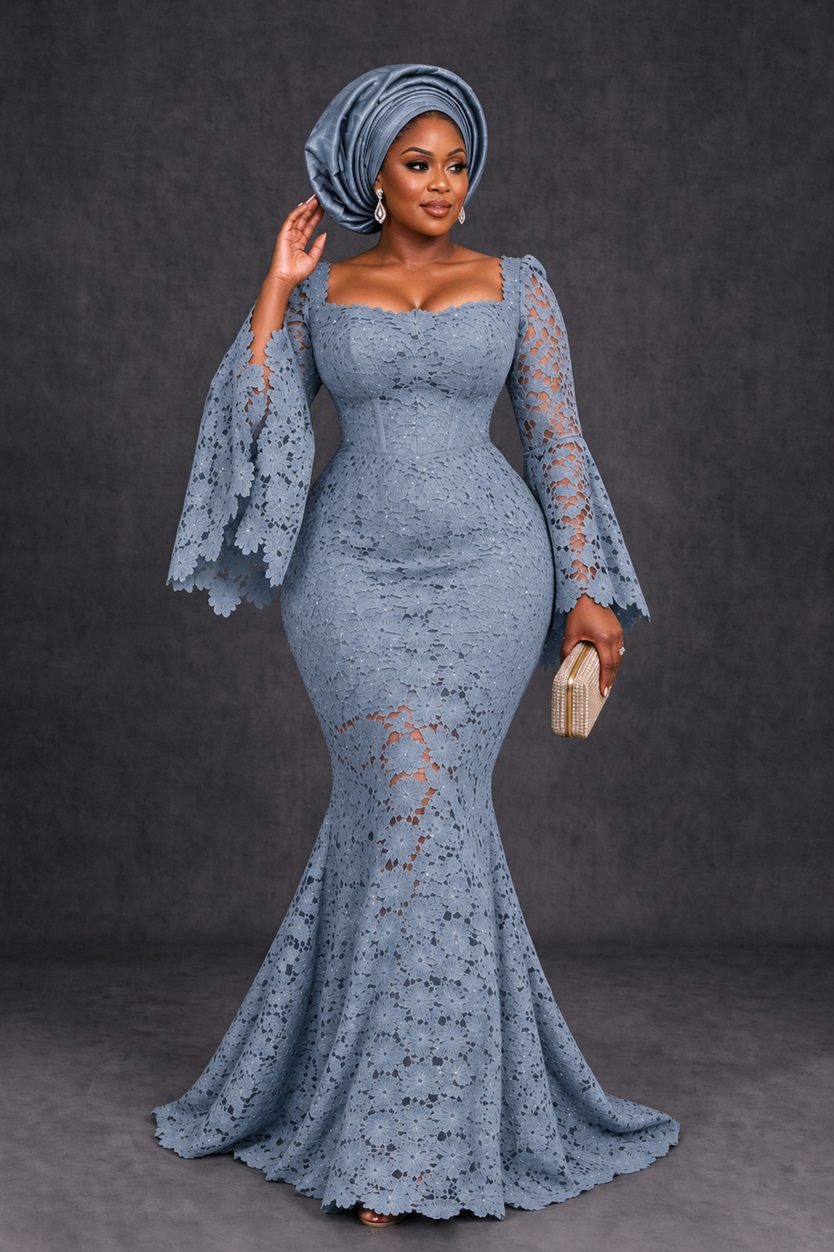 BOLODOO Dusty Blue African Lace Mermaid Dress, Plus Size Nigerian Wedding Guest Gown with Bell Sleeves - Dusty Blue - Dusty Blue_4