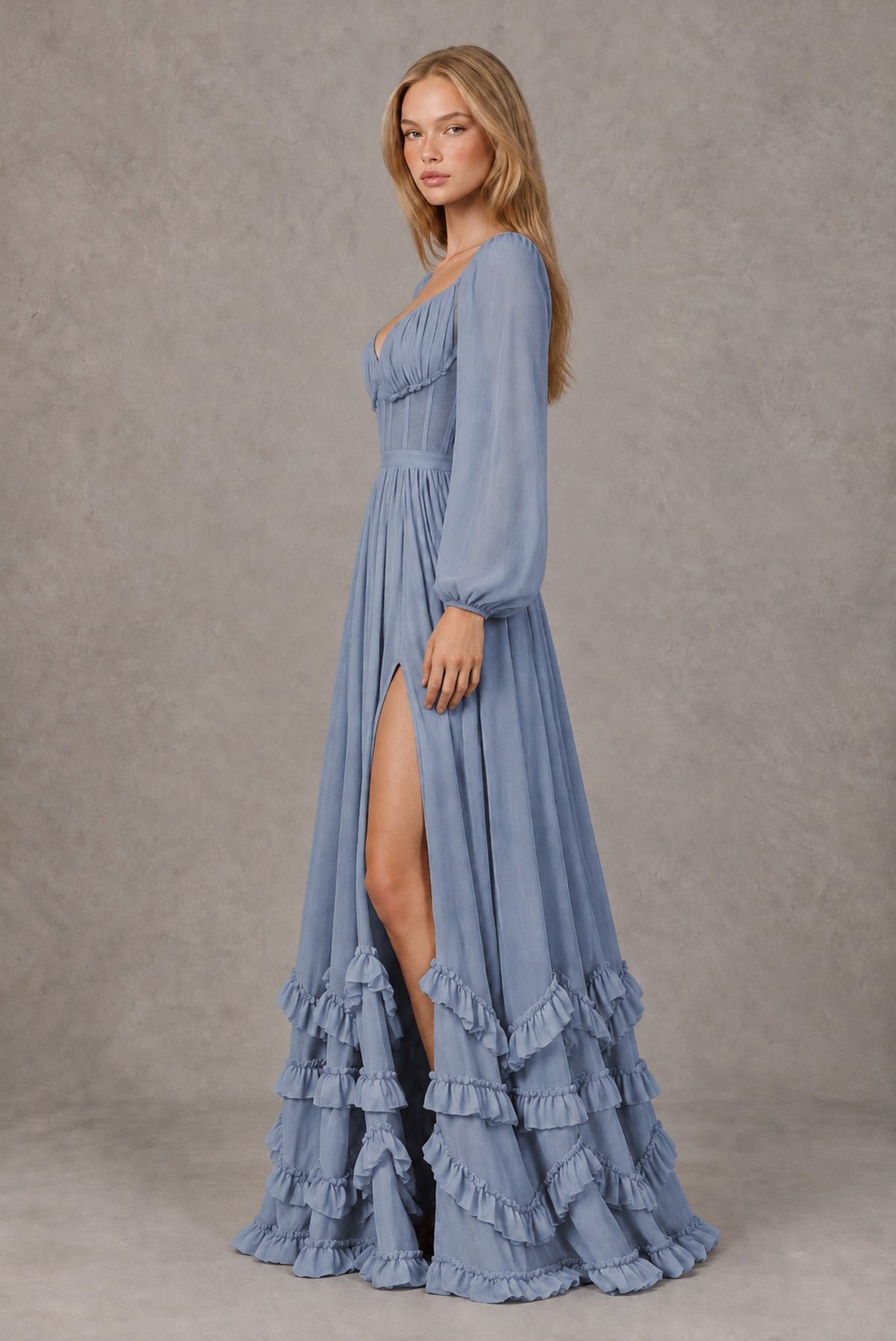 Dusty Blue Long-Sleeve Ruffle Maxi Dress with Lace-Up Back and Slit - Dusty Blue