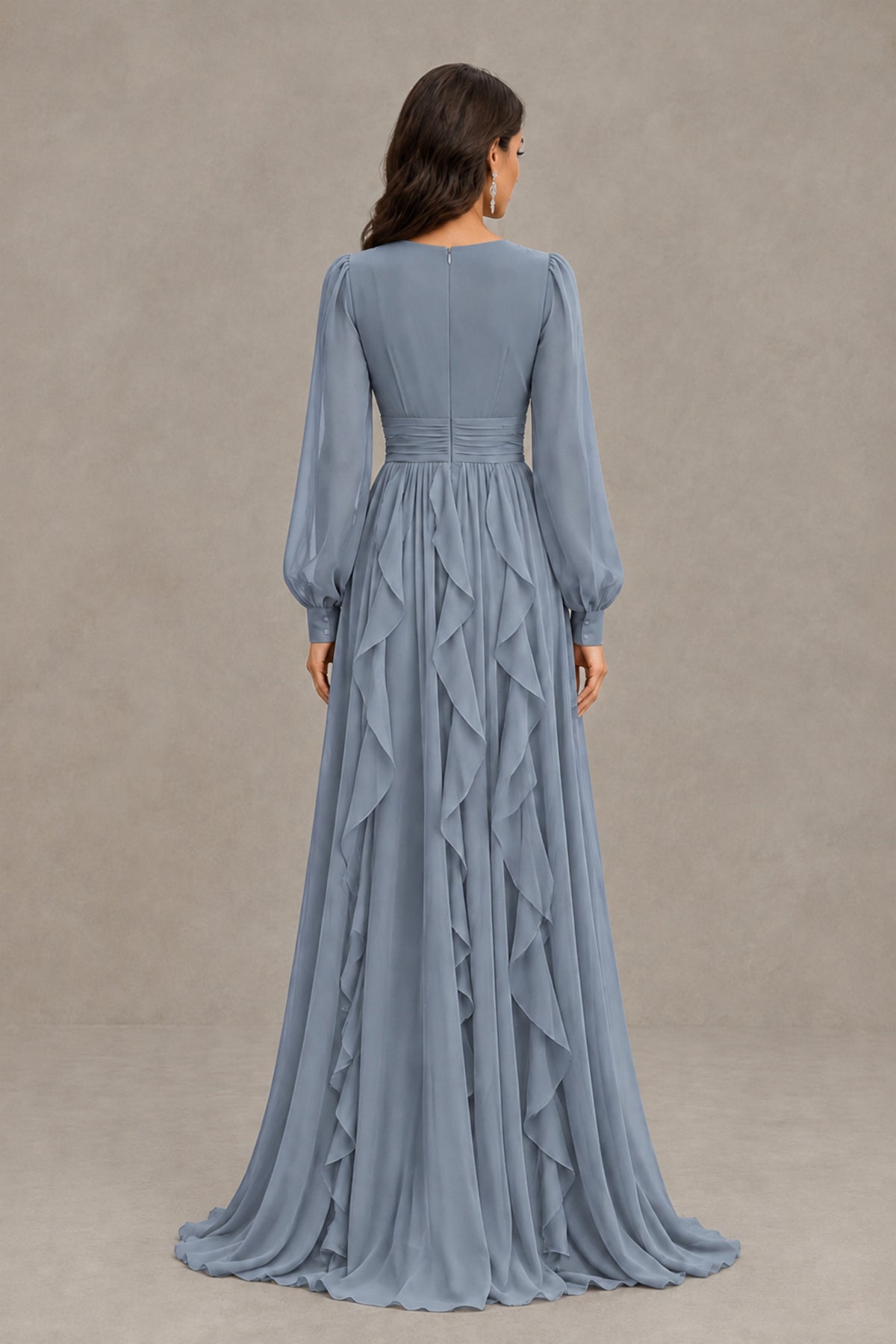 BOLODOO Dusty Blue Long Sleeve V-Neck Ruffle Maxi Dress - Dusty Blue