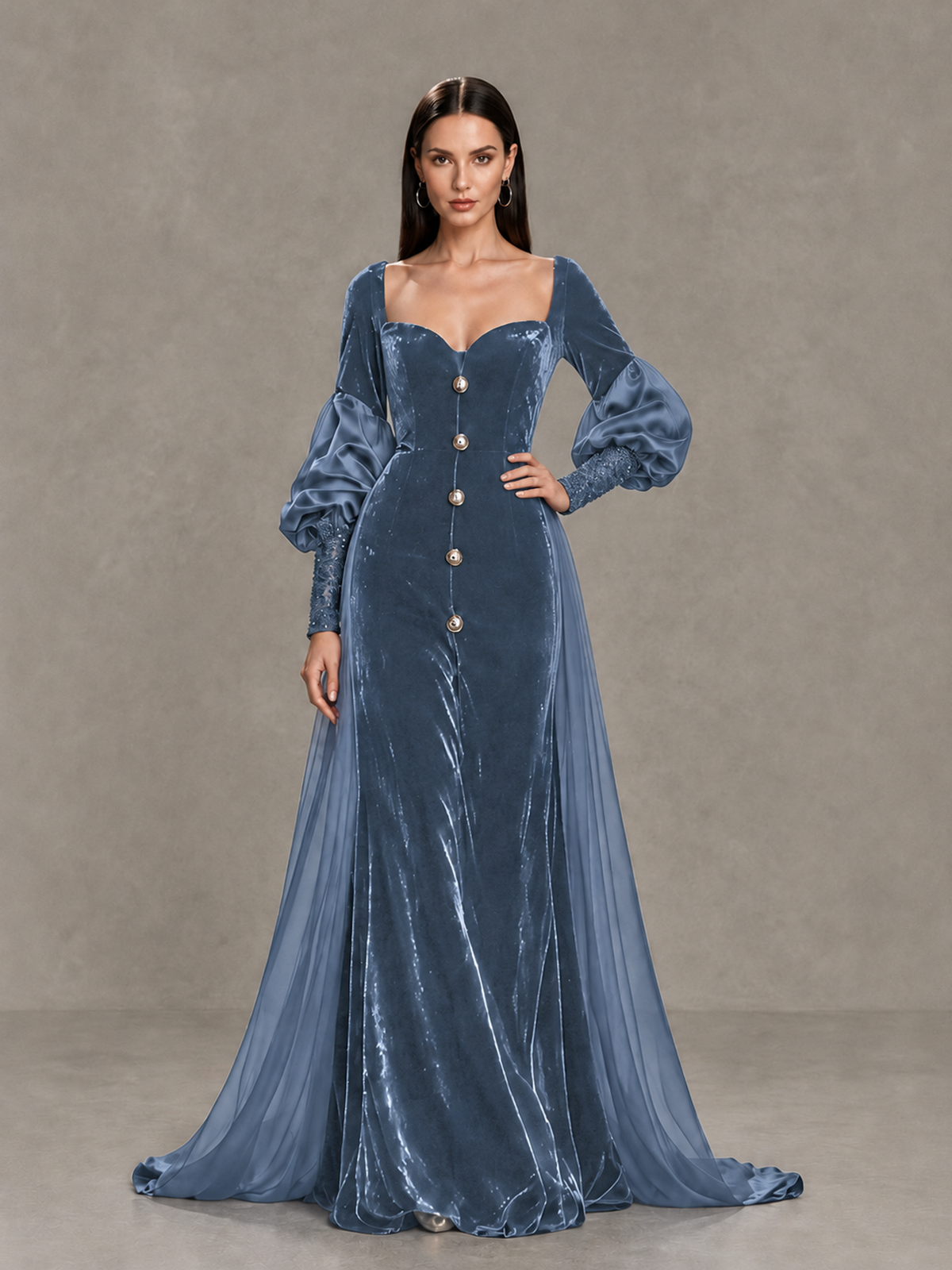BOLODOO Dusty Blue Velvet Long Sleeve Open-Back Evening Gown - Dusty Blue - Dusty Blue_4