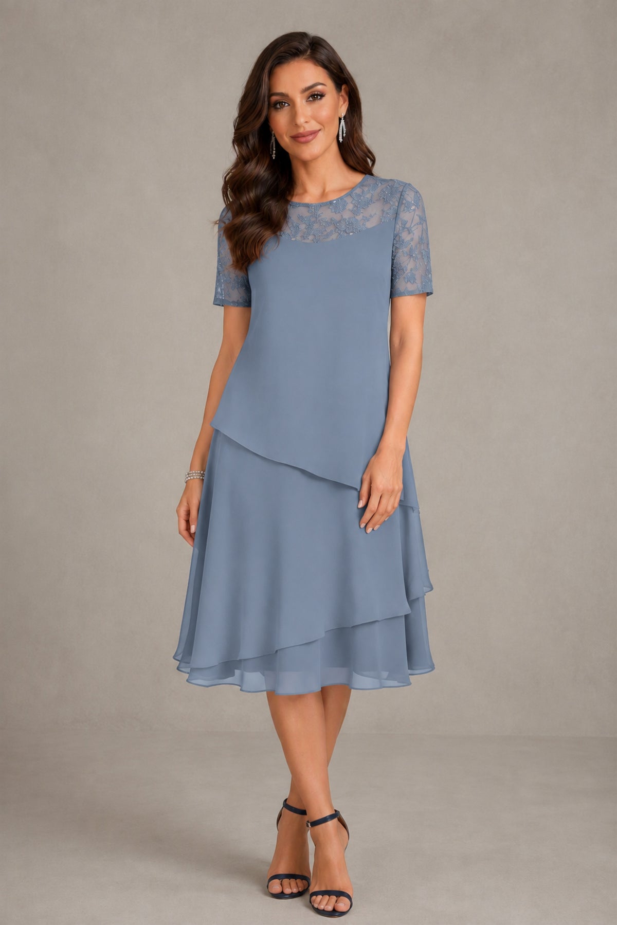 BOLODOO Dusty Blue Illusion Lace Short Sleeve Tiered Chiffon Tea Length Dress | Mother of the Bride Midi Dress - Dusty Blue