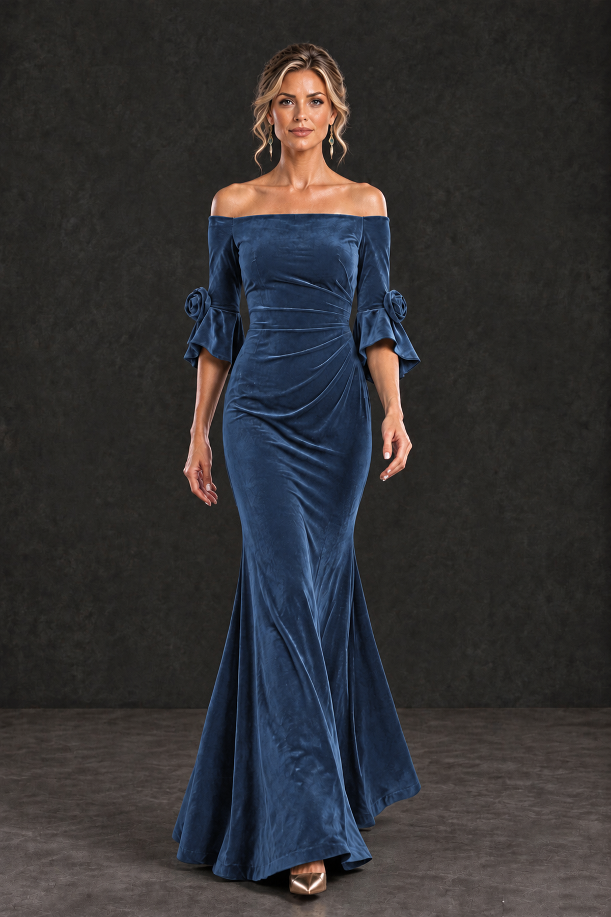 BOLODOO Dusty Blue Velvet Off-Shoulder Mother of the Bride Dress – 3/4 Floral Cuff Sleeve Mermaid Evening Gown - Dusty Blue - Dusty Blue_4