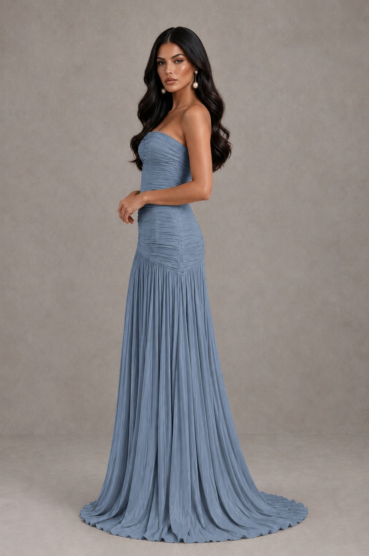 BOLODOO Dusty Blue Metallic Ruched Strapless Pleated A-Line Backless Maxi Dress with Train - Dusty Blue - Dusty Blue_4
