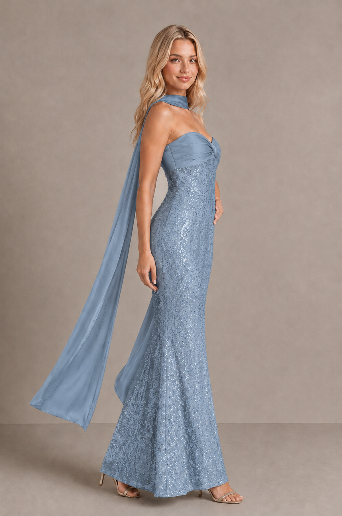 BOLODOO Dusty Blue Strapless Sweetheart Evening Dress with Scarf - Dusty Blue - Dusty_Blue_4
