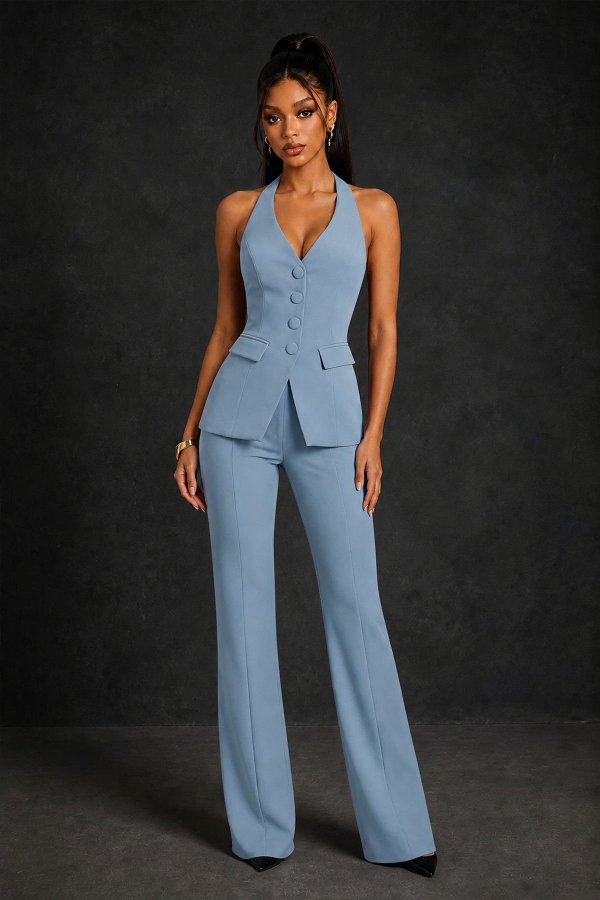 BOLODOO Dusty Blue Halter Neck Deep V Open Back– Formal Suit with Wide-Leg Pants - Dusty Blue