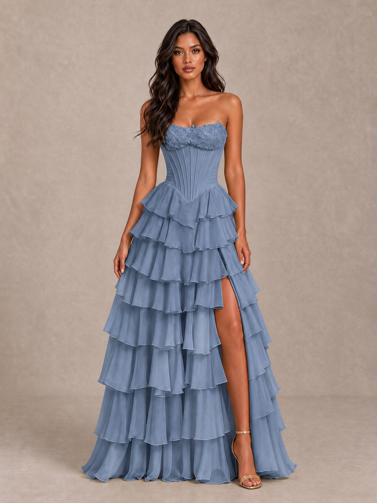 BOLODOO Dusty Blue Strapless Corset Tiered Ruffle Prom Dress with High Slit - Dusty Blue - Dusty Blue_4