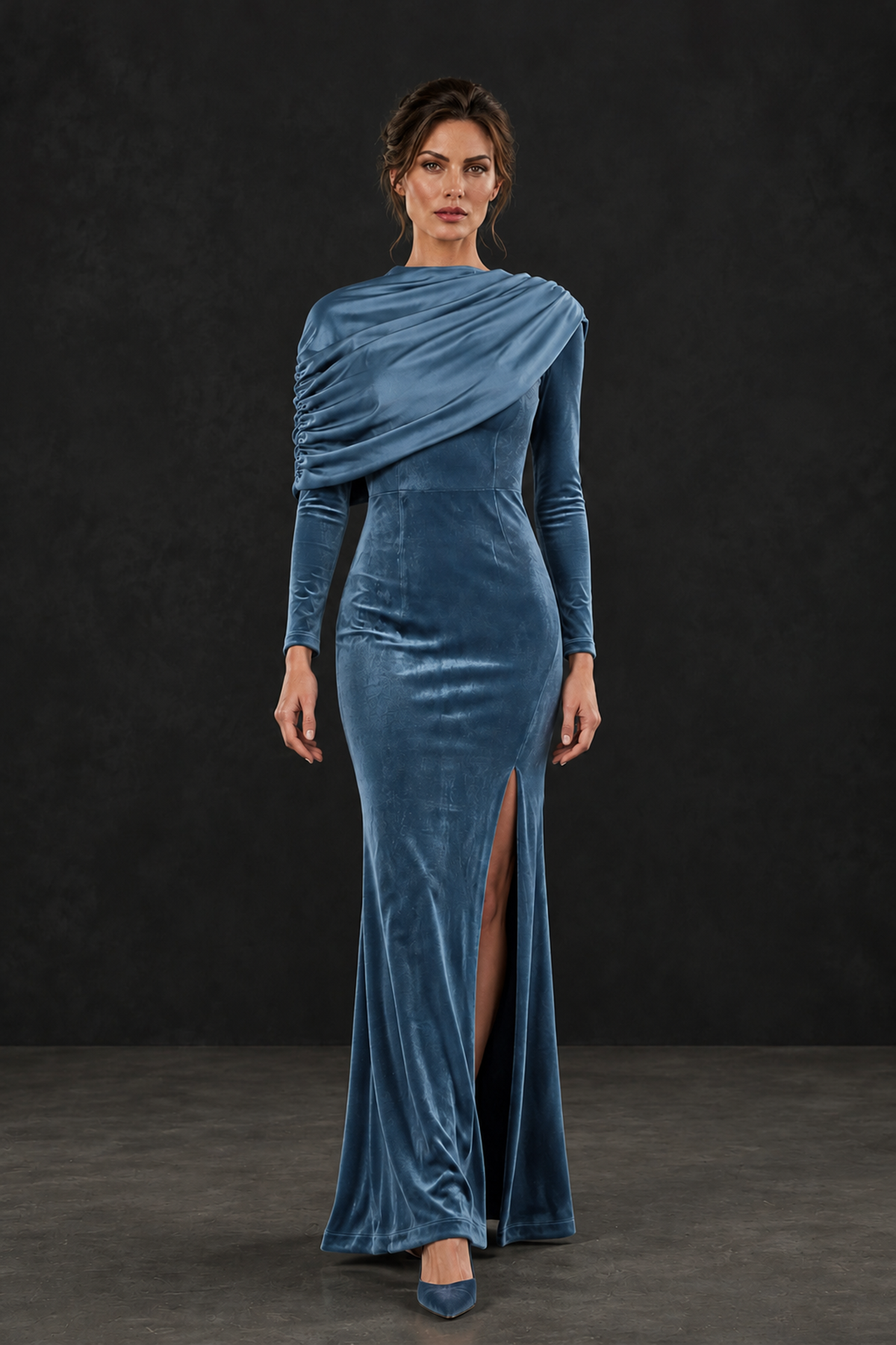 BOLODOO Dusty Blue Velvet Long Sleeve Draped Mother of the Bride Dress - Dusty Blue - Dusty_Blue_4
