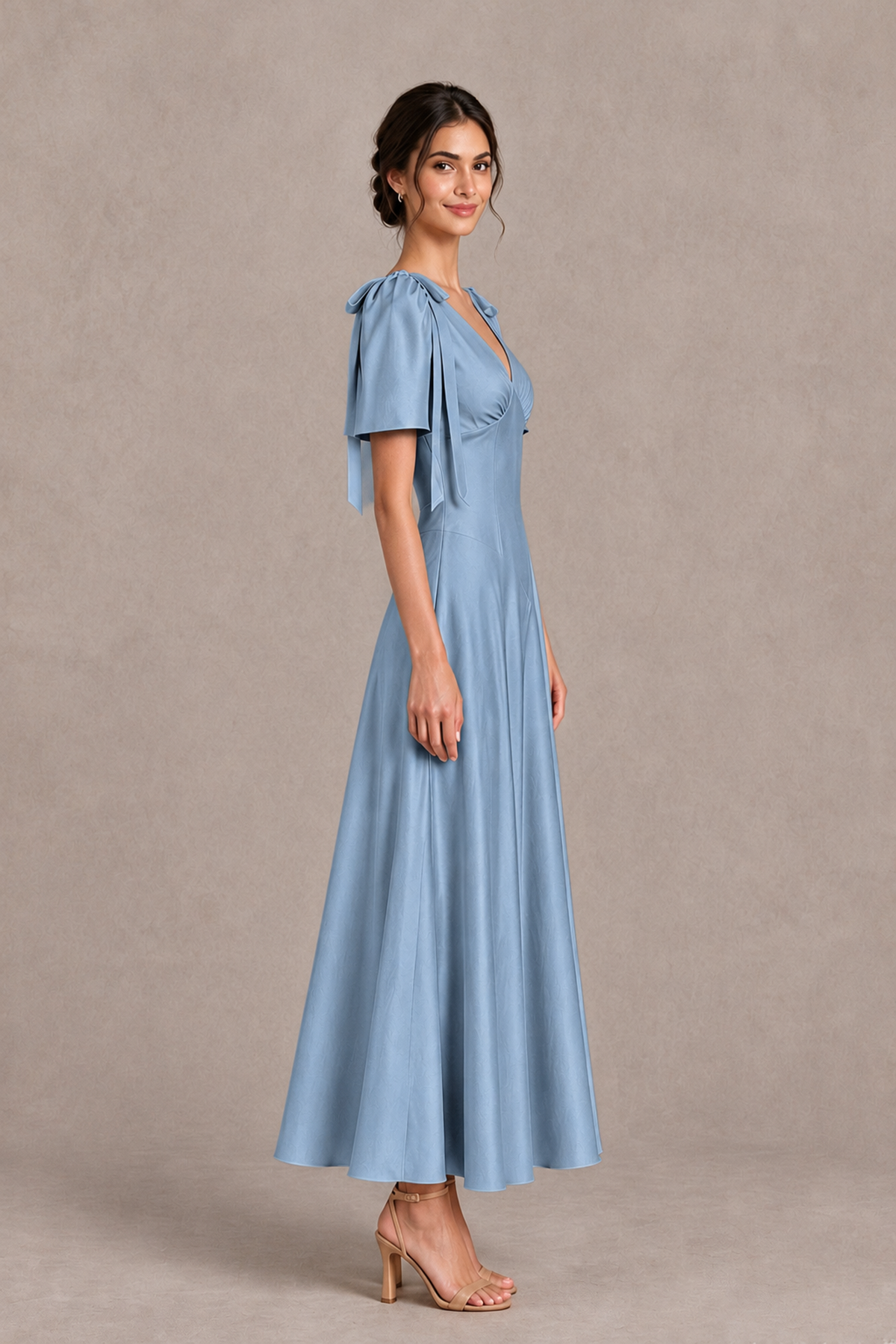 BOLODOO Dusty Blue V-Neck Short Sleeve Satin-Look Bridesmaid Dress with Shoulder Bows - Dusty Blue - Dusty Blue_4