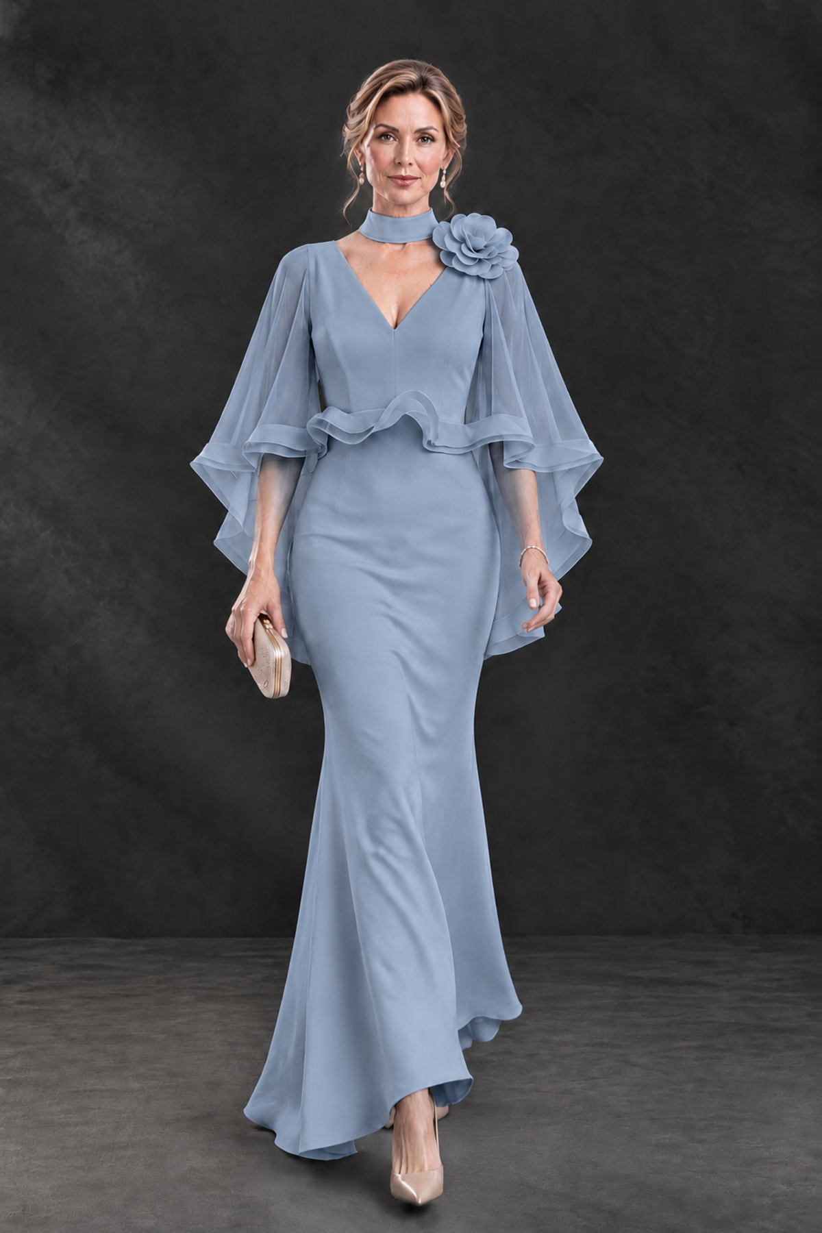 BOLODOO Dusty Blue Floral Cape Sleeve Mother of the Bride Dress - Dusty Blue - Dusty_Blue_4