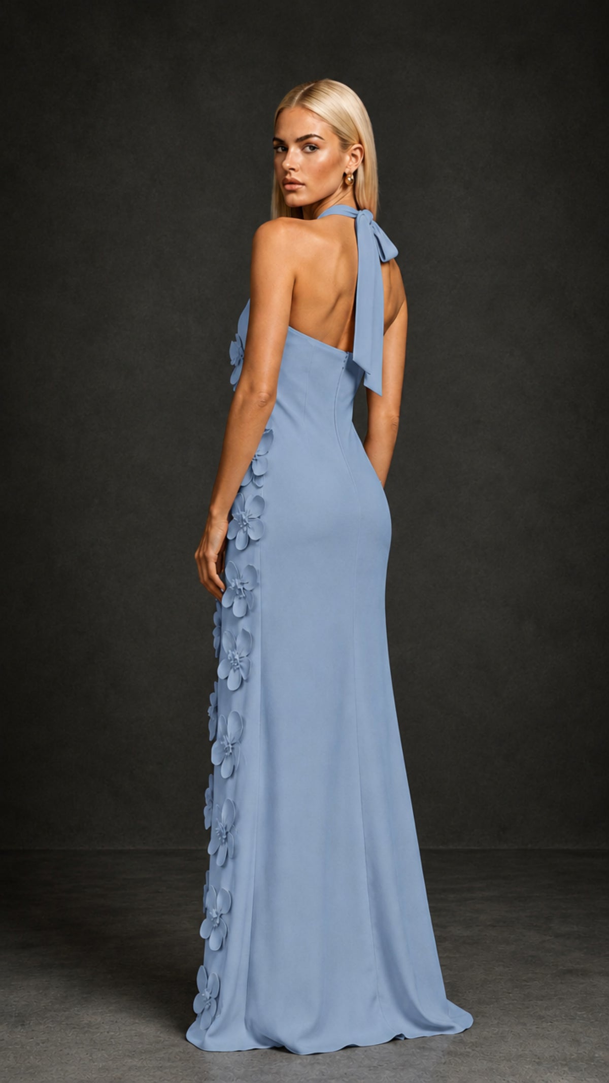 BOLODOO Dusty Blue Cross Halter Neck 3D Floral Appliqué Backless Mermaid Maxi Gown - Dusty Blue