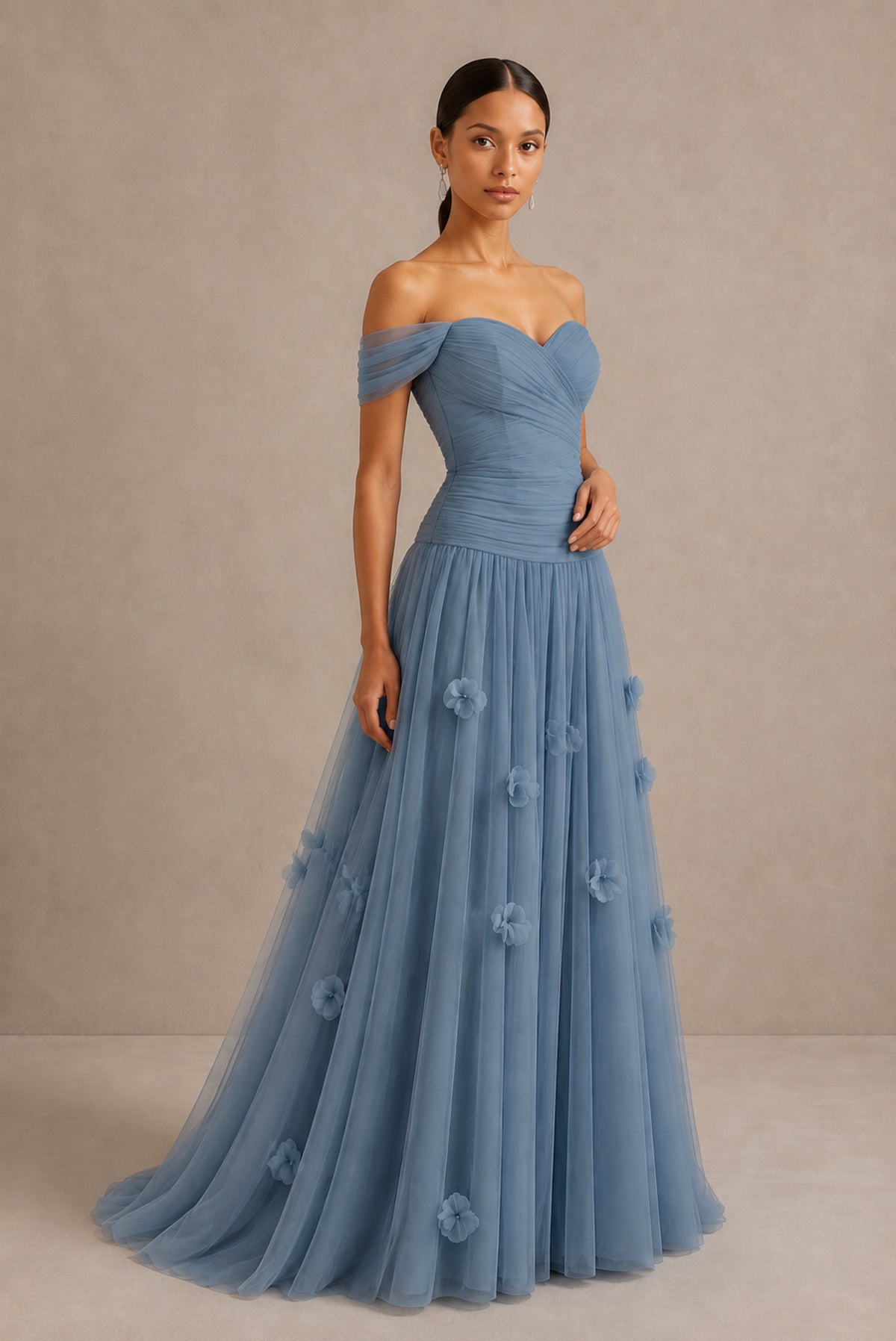 Dusty Blue Off-Shoulder Sweetheart A-Line Tulle Gown with 3D Floral Appliques | BOLODOO - Dusty Blue