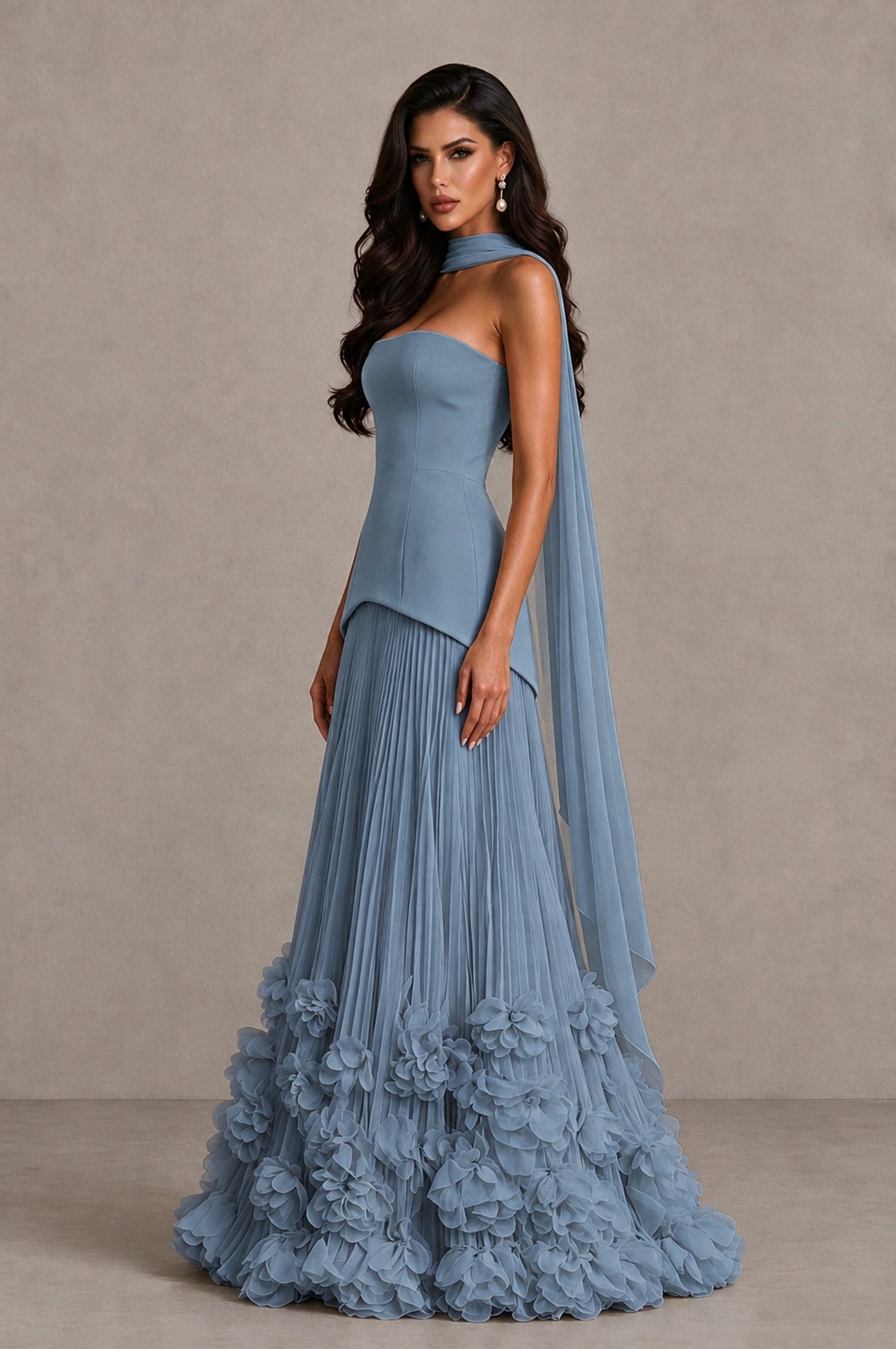 BOLODOO Dusty Blue Strapless Pleated Floral Hem Evening Gown - Dusty Blue - Dusty Blue_4