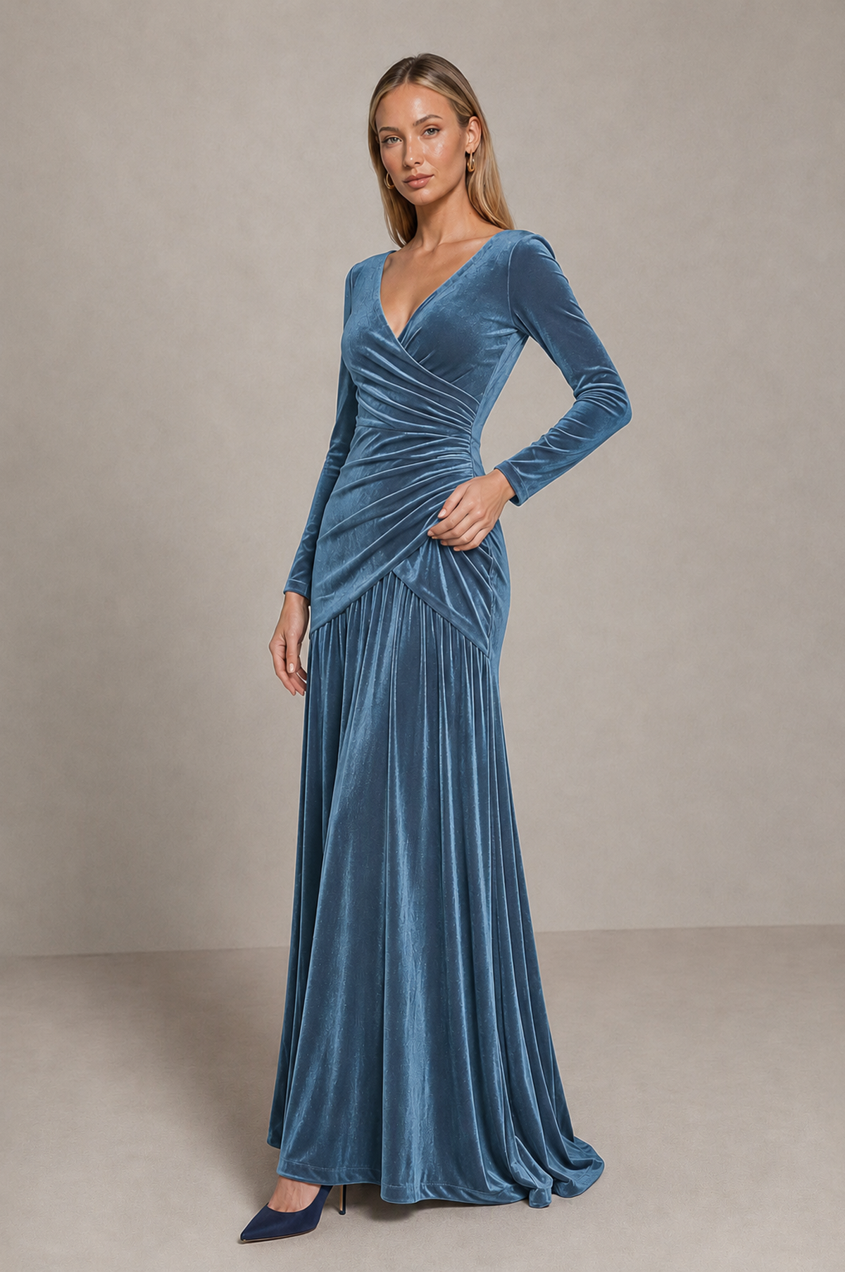 BOLODOO Dusty Blue Velvet Long Sleeve V-Neck Ruched Evening Dress - Dusty Blue - Dusty_Blue_4