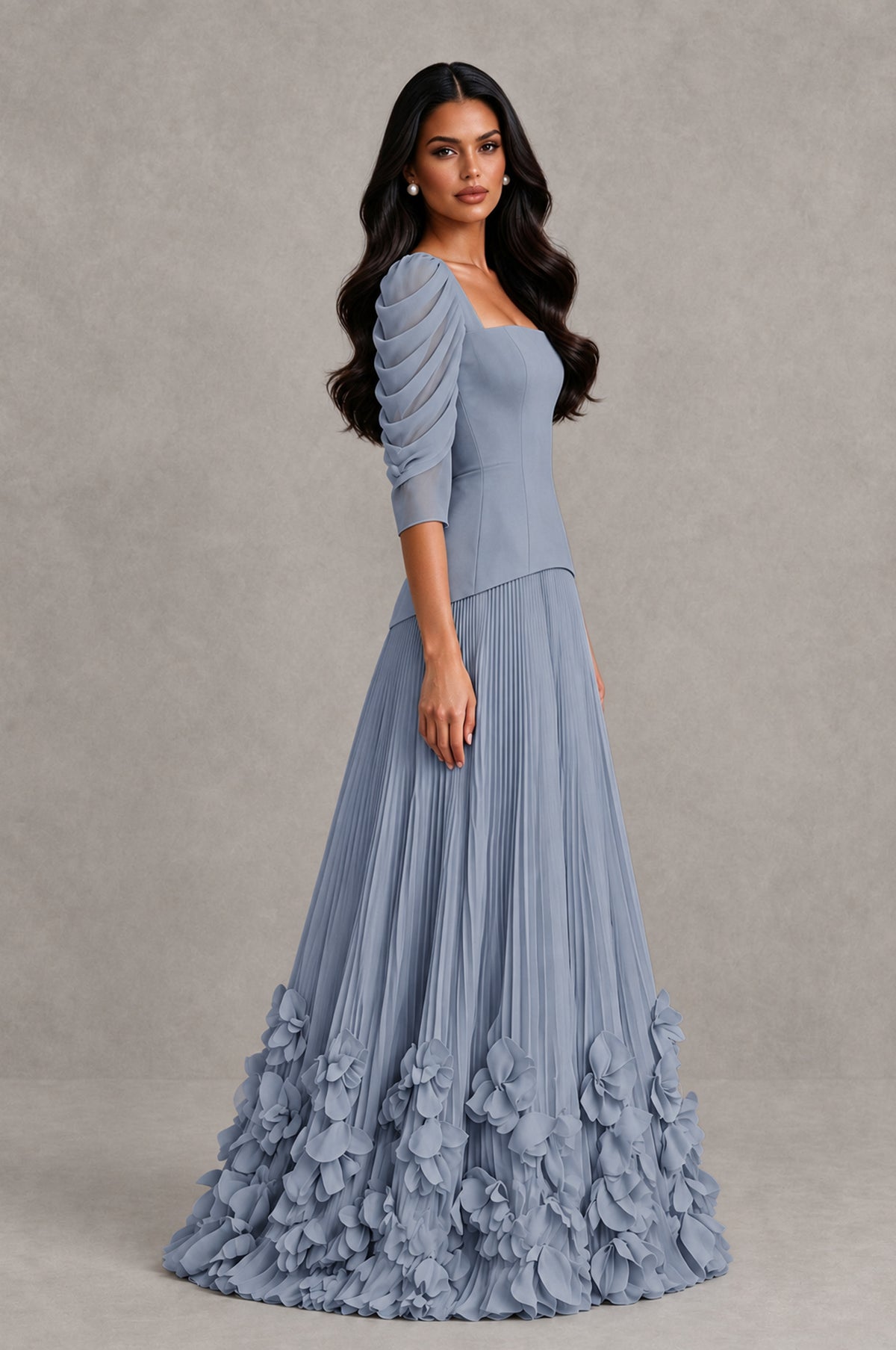 BOLODOO Dusty Blue Square Neck Pleated Floral Applique Evening Dress - Dusty Blue - Dusty Blue_4