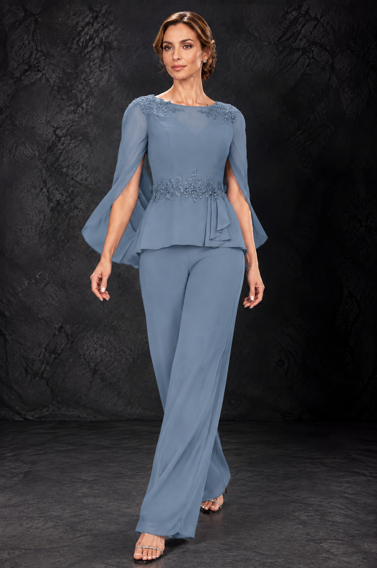 BOLODOO Dusty Blue Embellished Cape Sleeve Mother of the Bride Pantsuit - Dusty Blue - Dusty_Blue_4