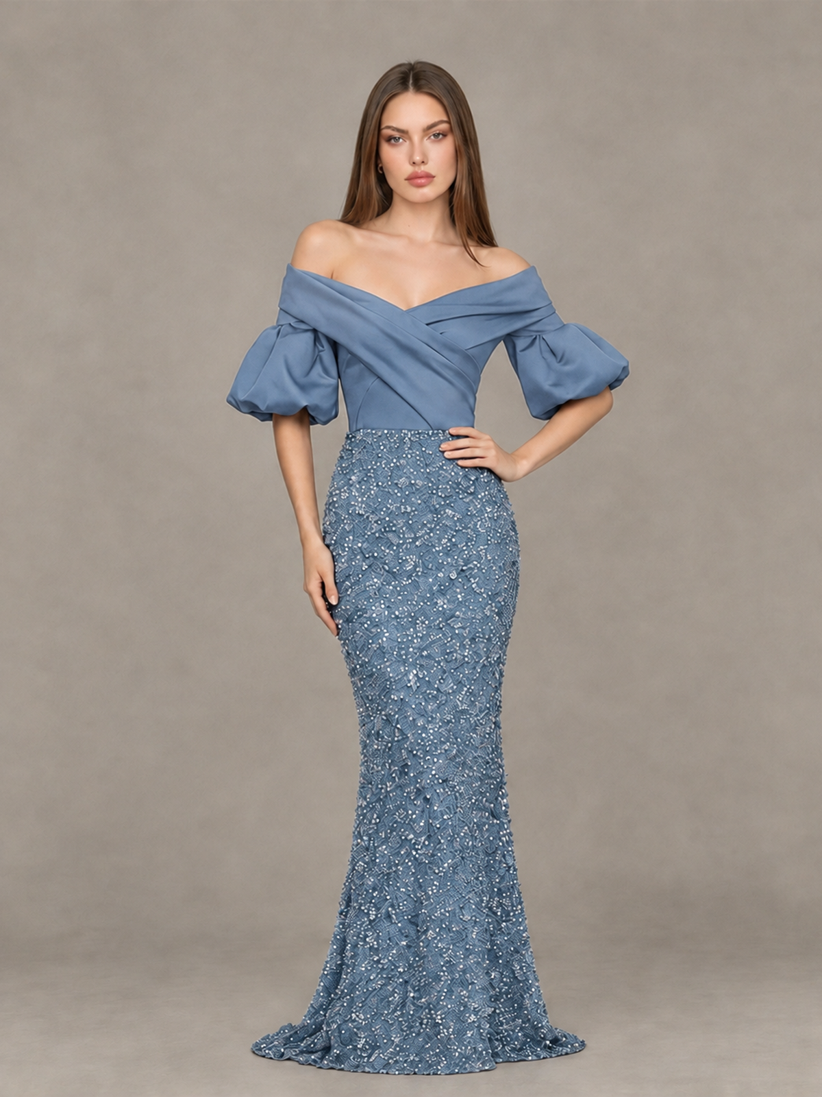 BOLODOO Dusty Blue Off-Shoulder Puff Sleeve Sequin Mermaid Evening Dress - Dusty Blue - Dusty Blue_4