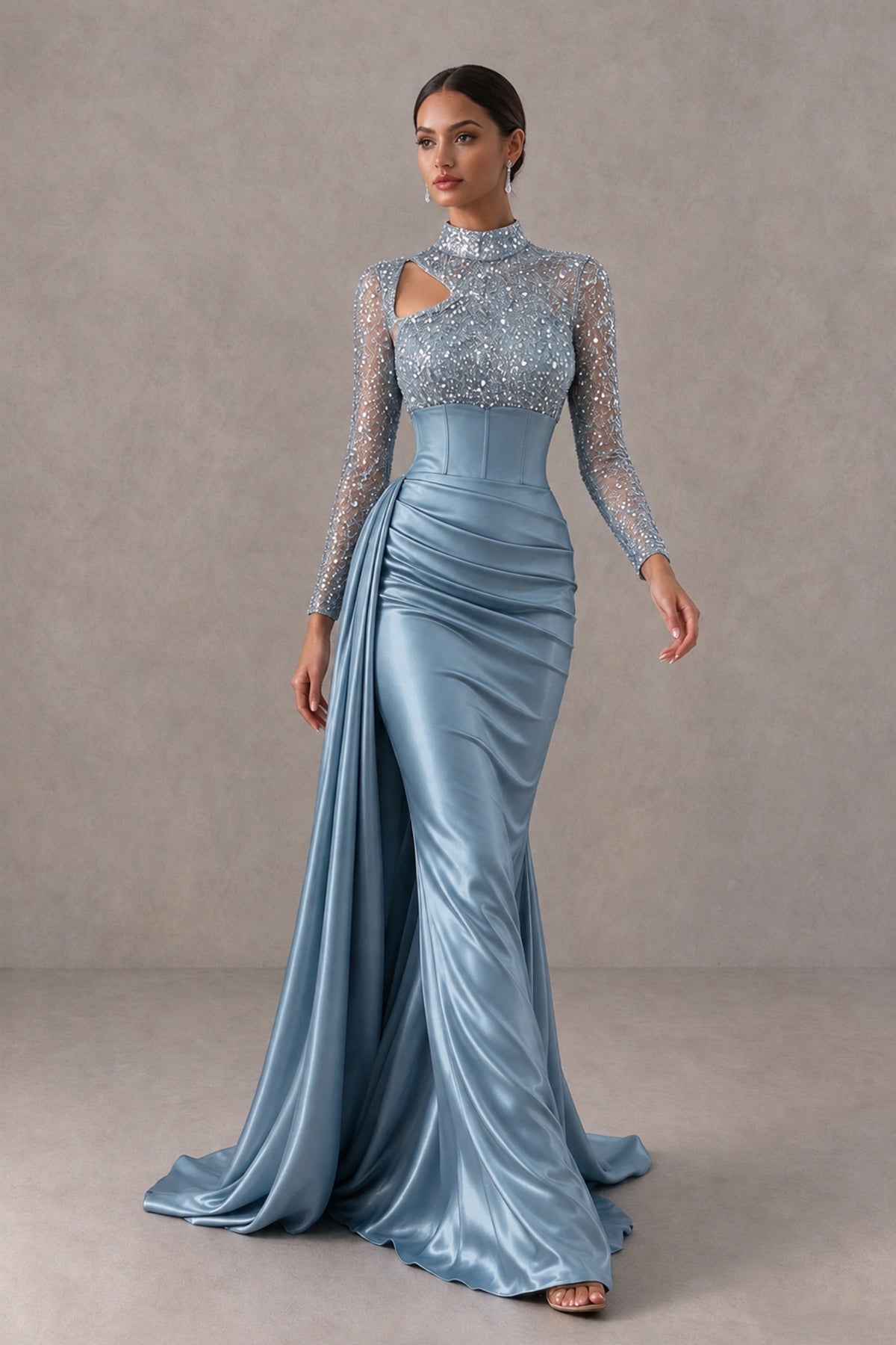BOLODOO Dusty Blue Long Sleeve Embellished Satin Mermaid Evening Gown - Dusty Blue - Dusty Blue_4
