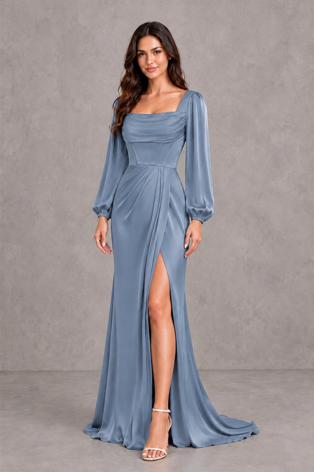 BOLODOO Dusty Blue Satin-Look Long Sleeve Evening Dress with High Slit - Dusty Blue - Dusty Blue_4