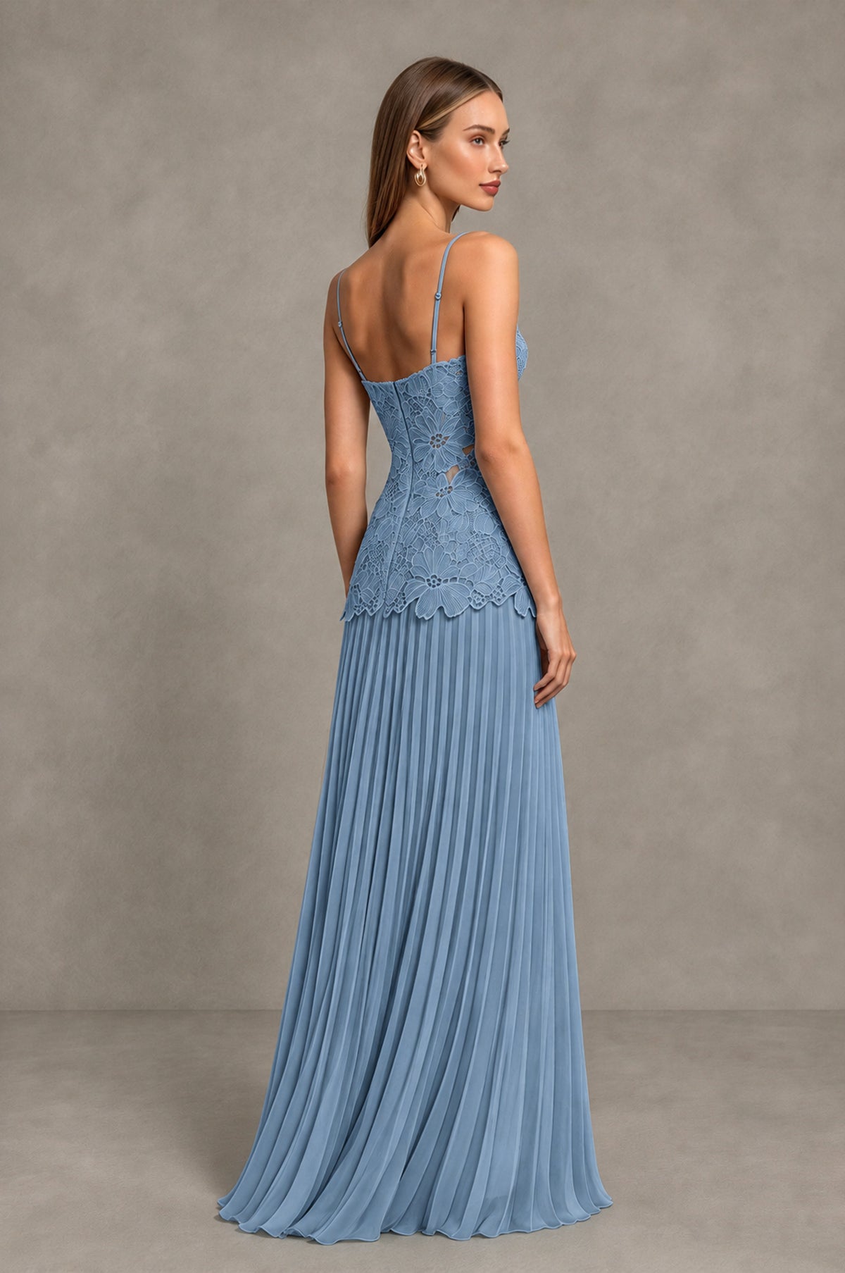 BOLODOO Dusty Blue Lace Bodice Pleated Wedding Guest Dress - Dusty Blue - Dusty Blue_4