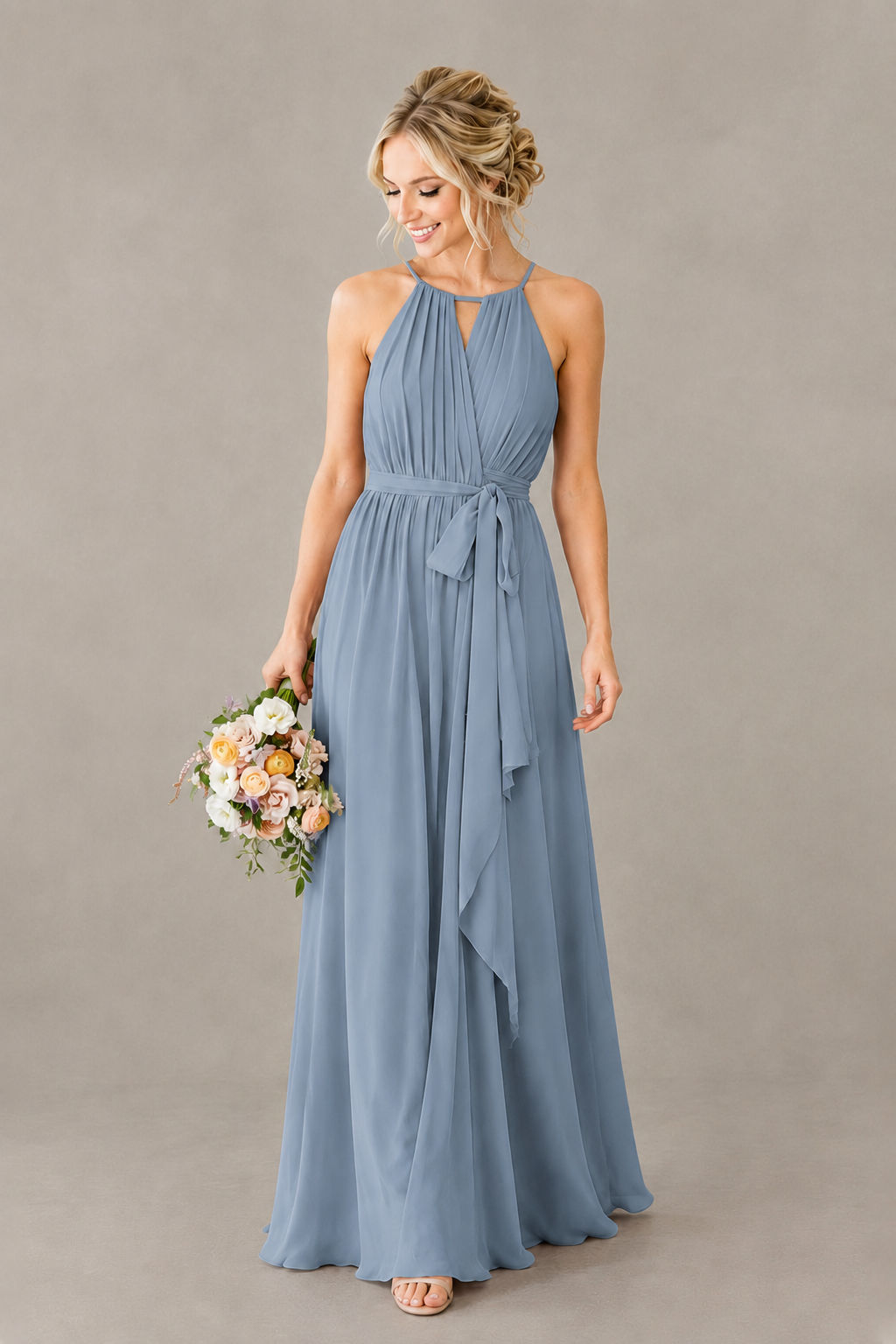 BOLODOO Dusty Blue Halter Chiffon Bridesmaid Dress with High Slit - Dusty Blue