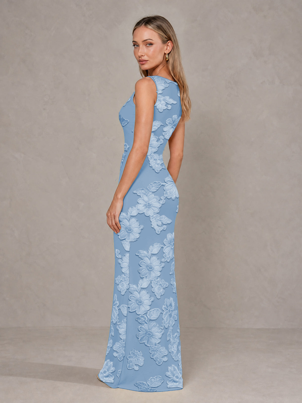 BOLODOO Dusty Blue Floral Sleeveless Maxi Wedding Guest Dress - Dusty Blue - Dusty Blue(4)