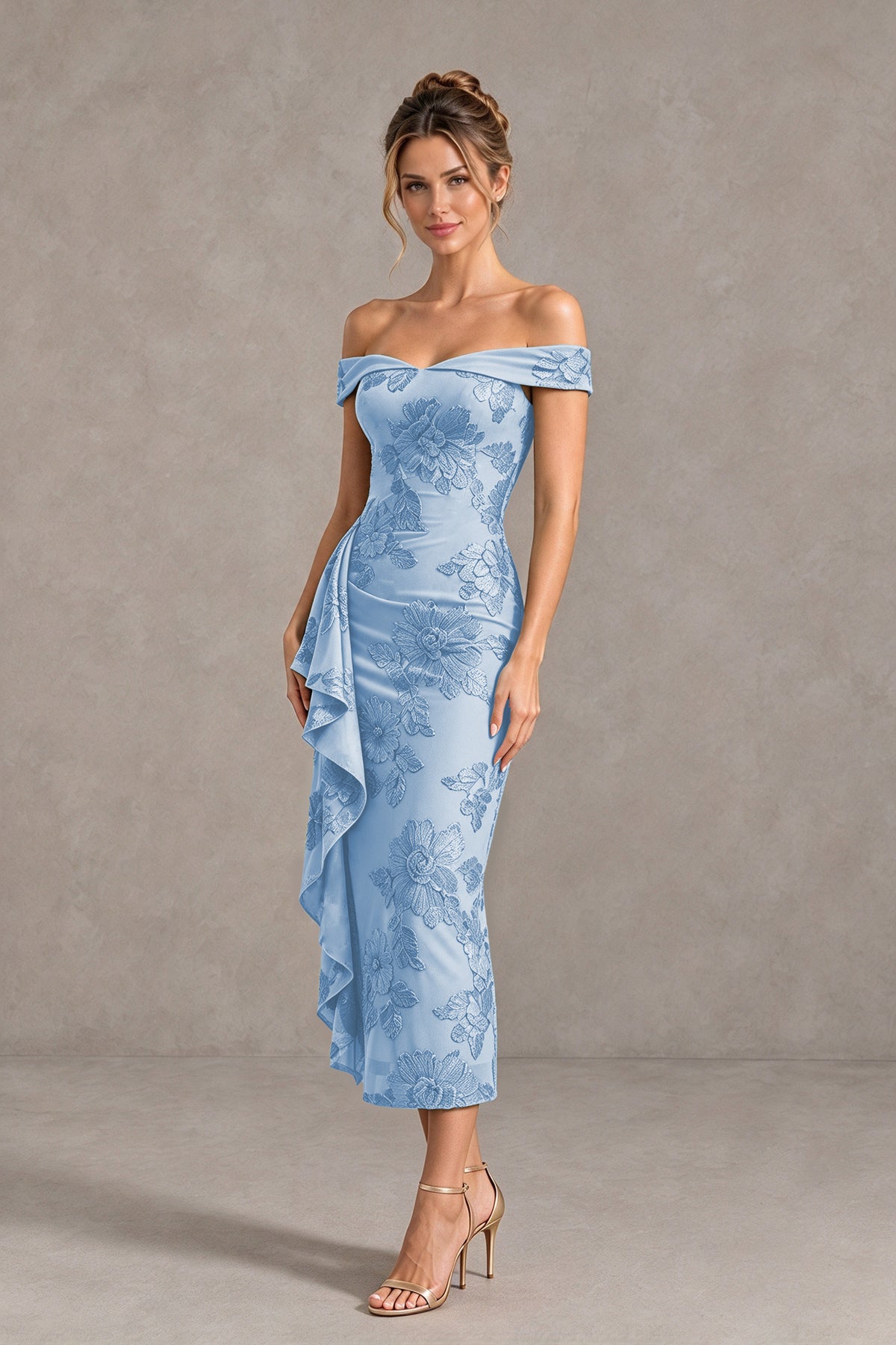 BOLODOO Dusty Blue Off Shoulder Floral Jacquard Midi Dress - Dusty Blue - Dusty Blue(4)