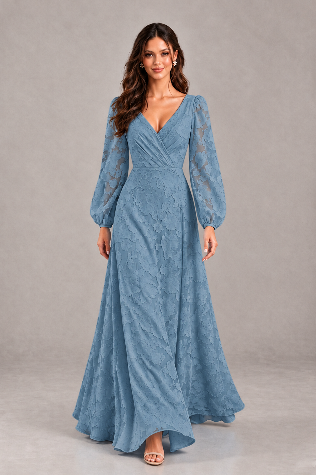 BOLODOO Dusty Blue Long Sleeve V-Neck A-Line Mother of the Bride Dress - Dusty Blue - Dusty Blue_4