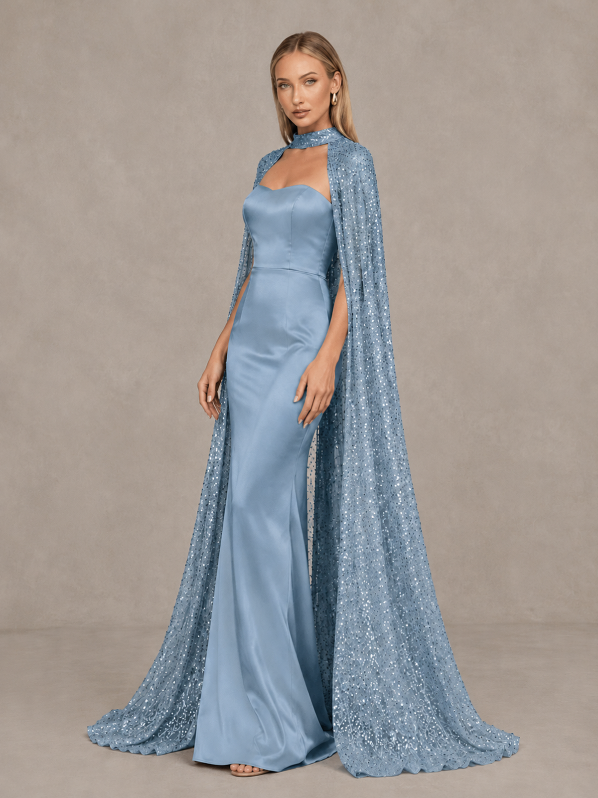 BOLODOO Dusty Blue Strapless Satin-Look Evening Gown with Sequin Cape - Dusty Blue - Dusty_Blue_4