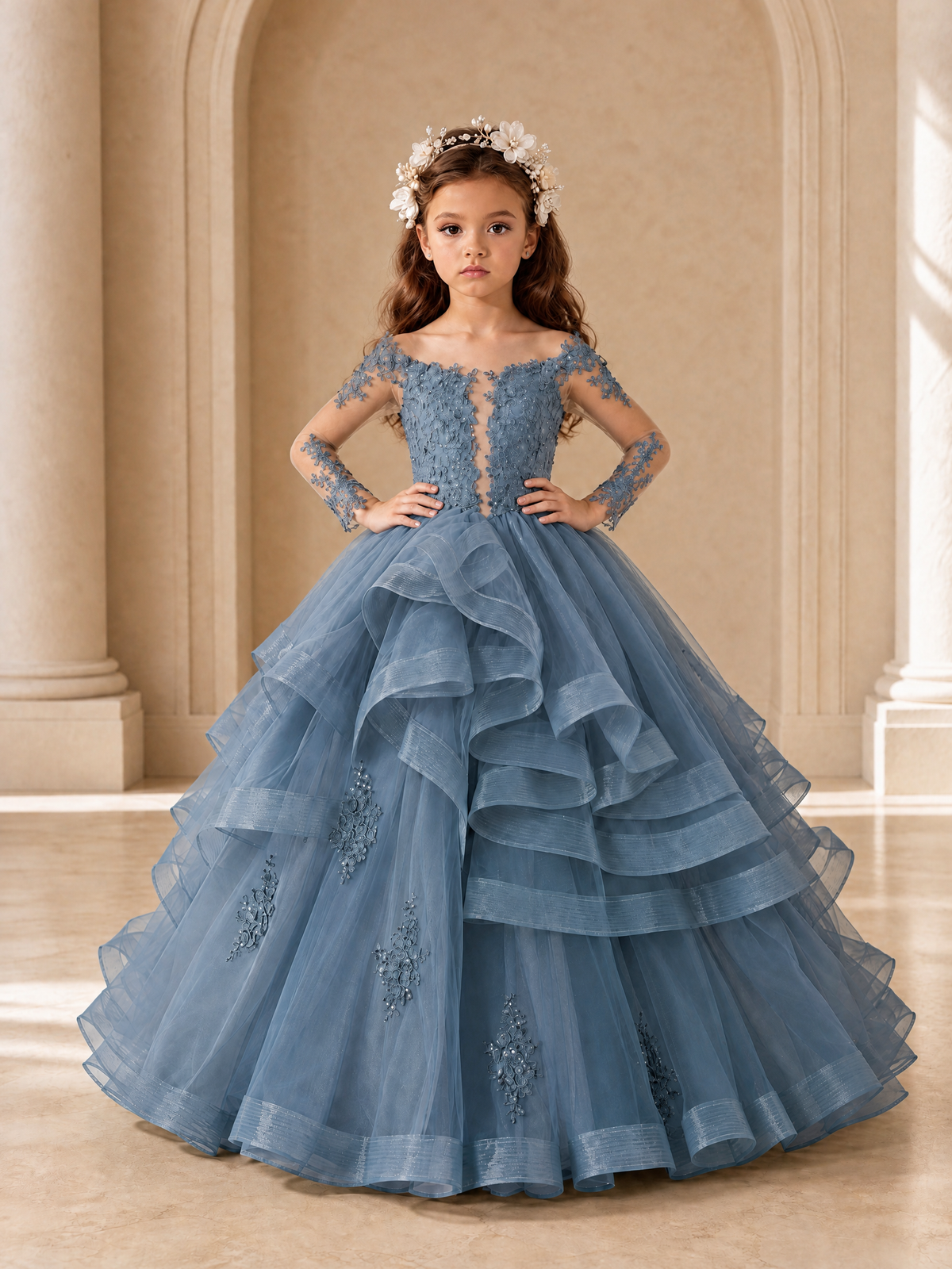 BOLODOO Dusty Blue Lace Long Sleeve Tiered Flower Girl Dress - Dusty Blue - Dusty_Blue_4