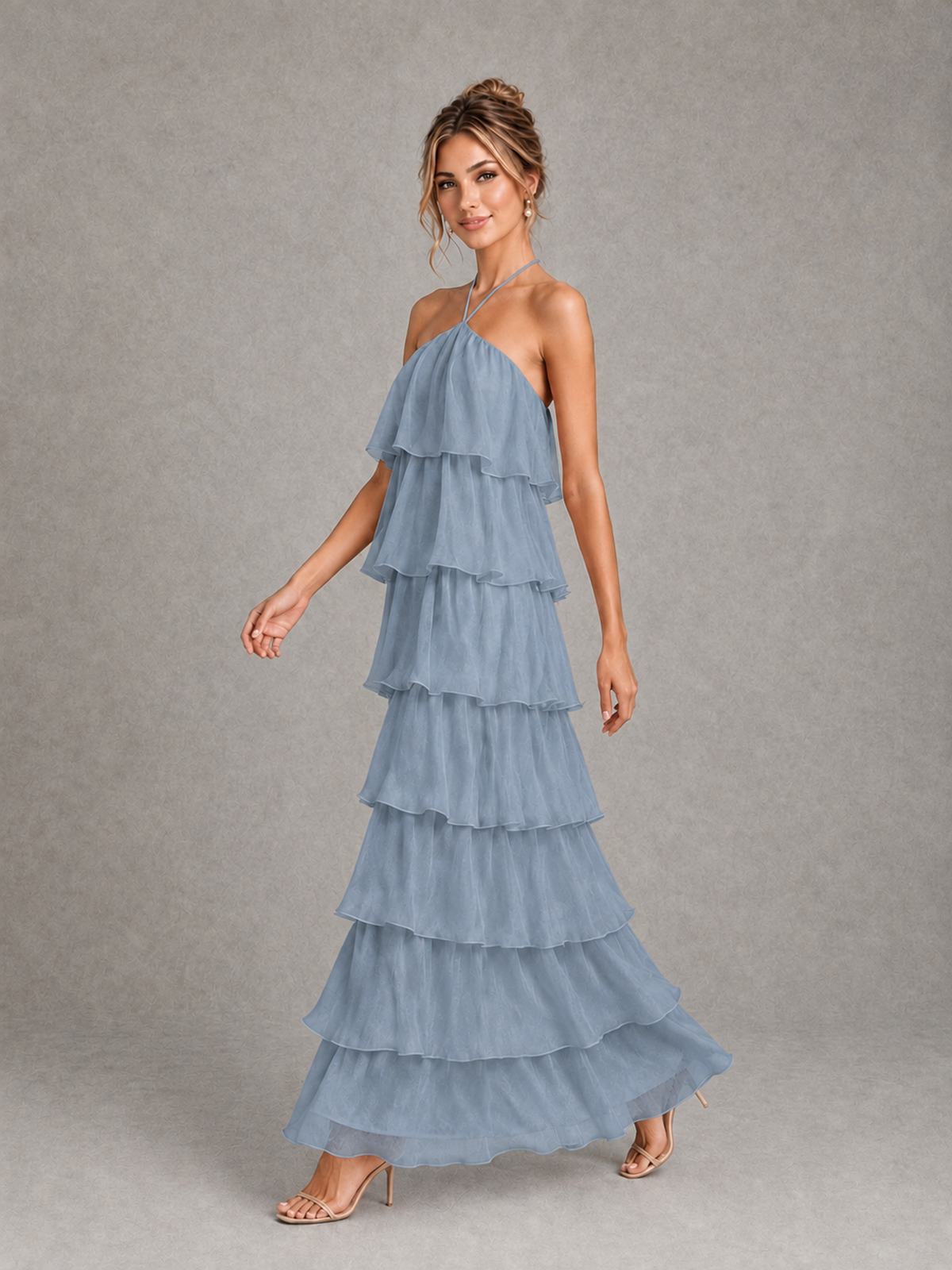 BOLODOO Dusty Blue Halter Tiered Ruffle Maxi Bridesmaid Dress - Dusty Blue - Dusty Blue_4