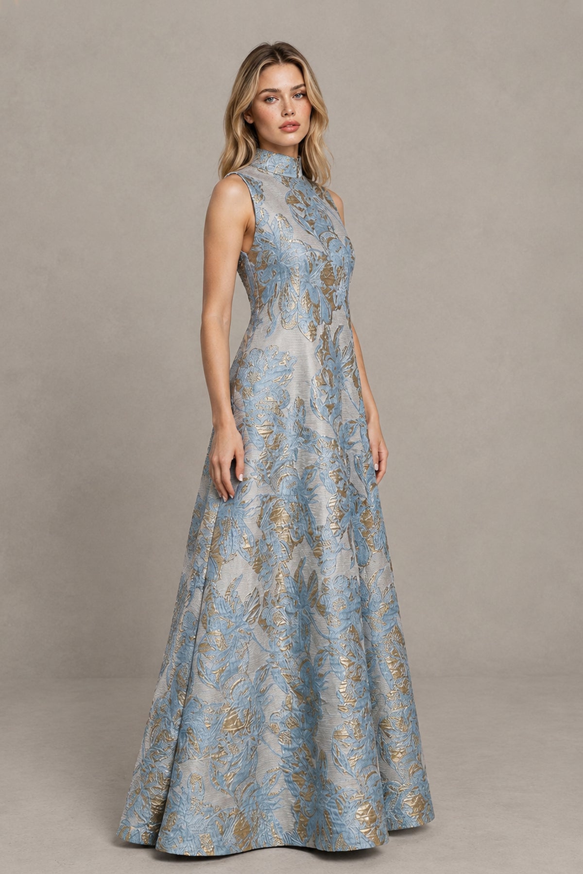 BOLODOO Dusty Blue Jacquard High Neck Sleeveless A-Line Maxi Dress – Wedding Guest & Formal Evening Gown - Dusty Blue