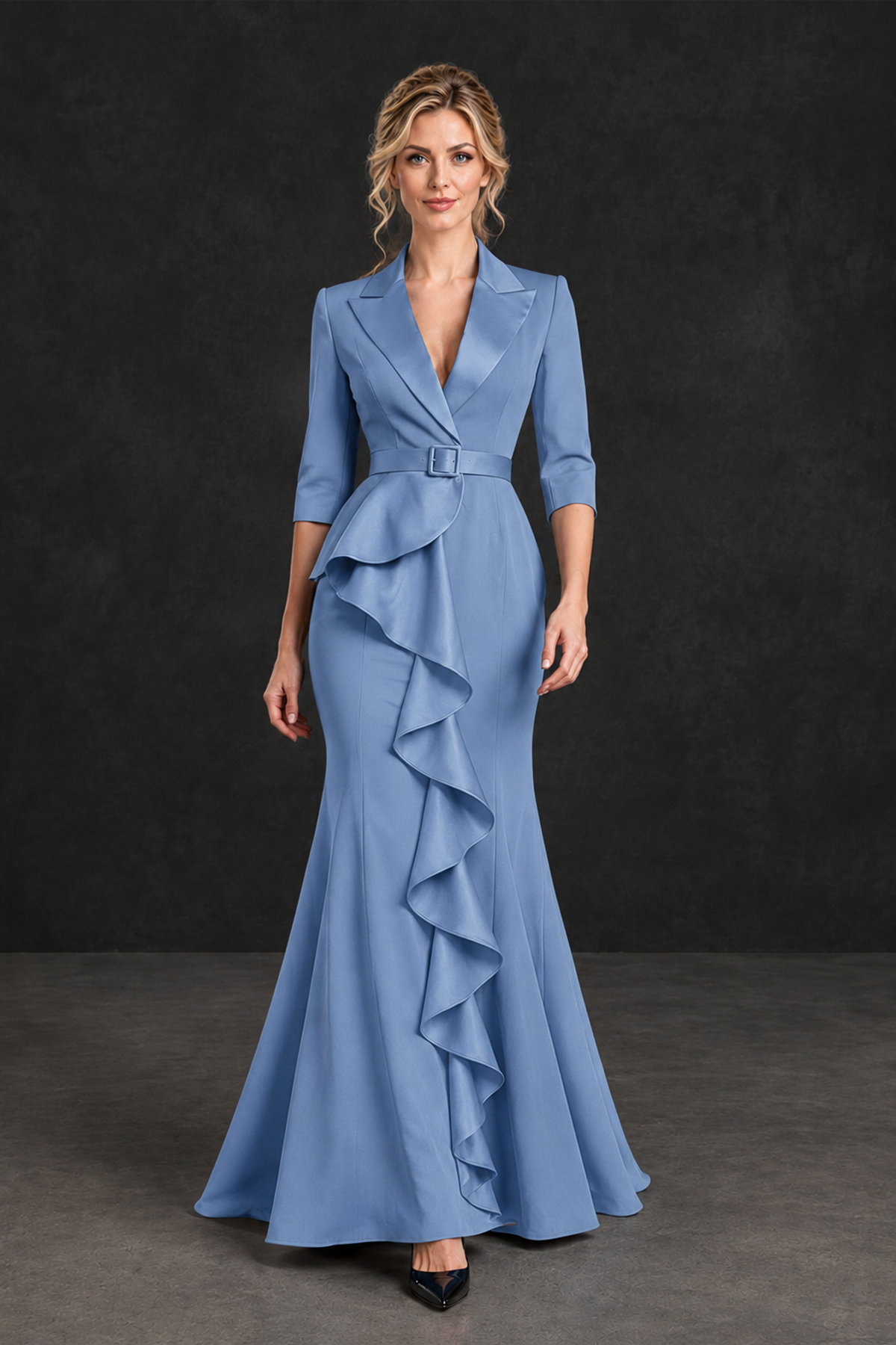 BOLODOO Dusty Blue Lapel Ruffle Mother of the Bride Dress with Belt - Dusty Blue - Dusty Blue_4