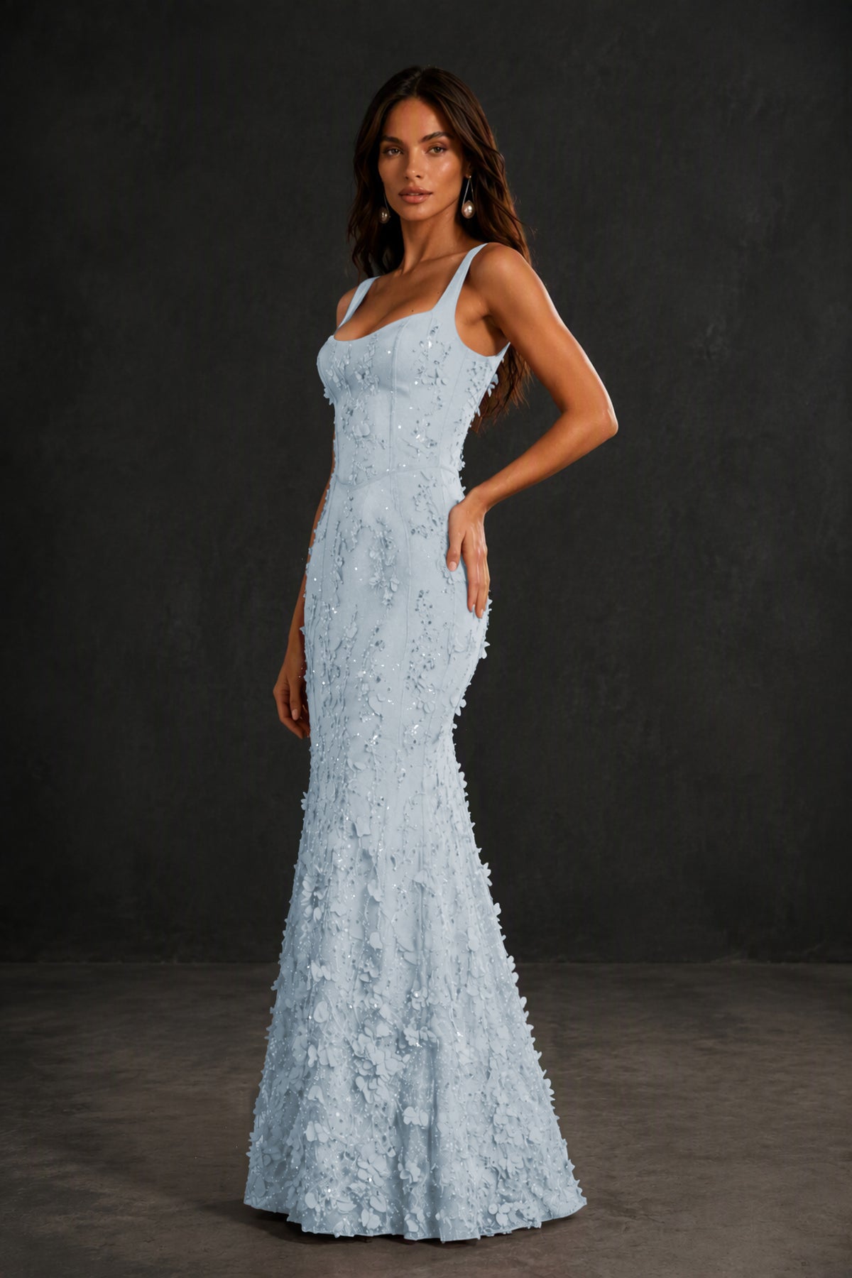 BOLODOO Dusty Blue Sequin 3D Floral Mermaid Maxi Gown – Lace-Up Back Formal Dress - Dusty Blue