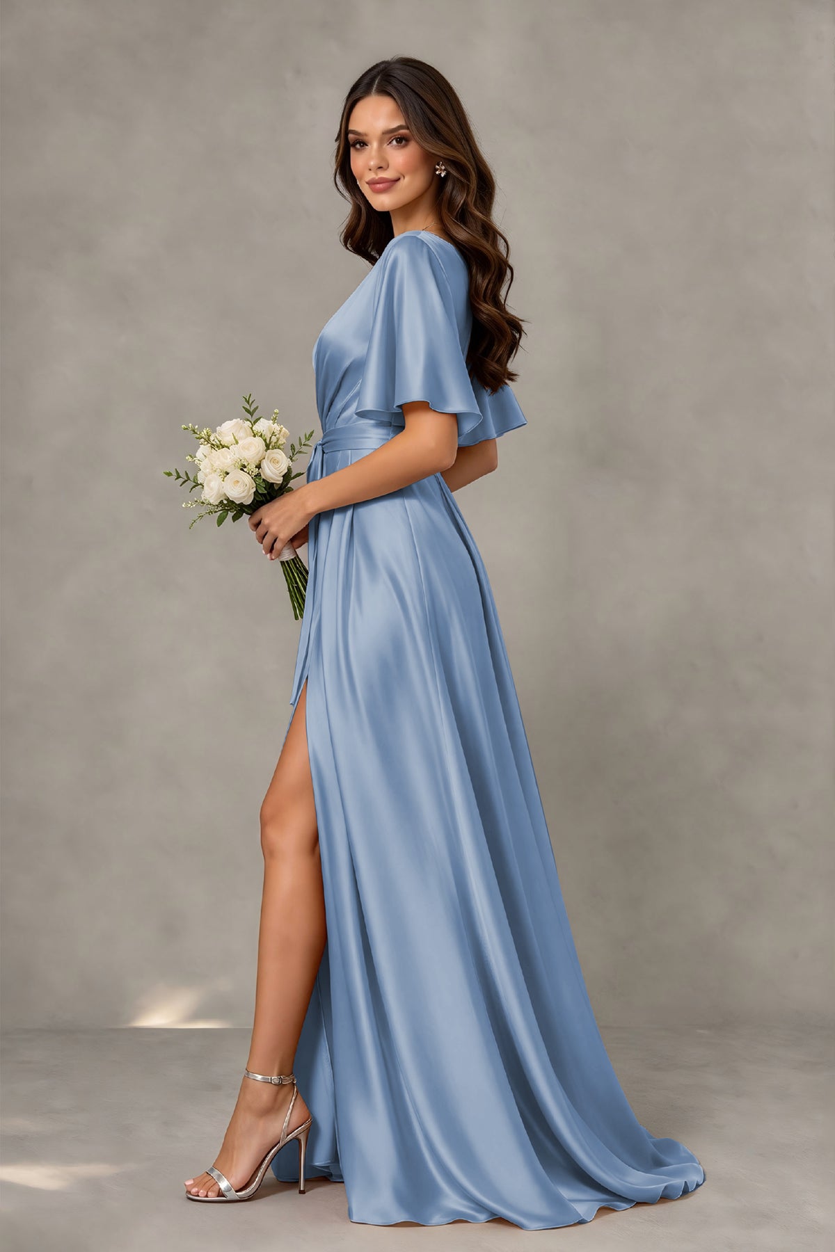 BOLODOO Dusty Blue Satin V-Neck Flutter Sleeve Bridesmaid Dress with Slit - Dusty Blue - Dusty Blue(4)