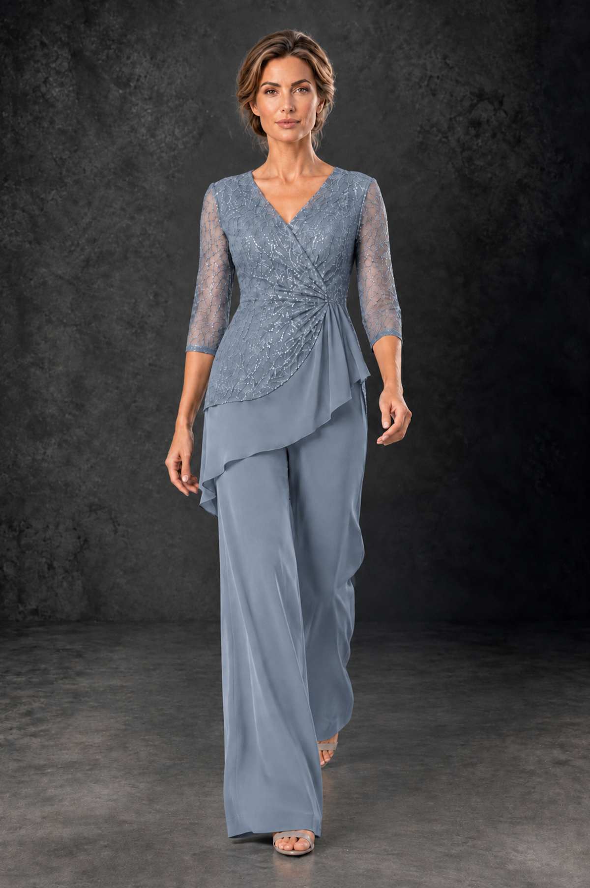 BOLODOO Dusty Blue Sequin Lace 3/4 Sleeve Chiffon Mother of the Bride Pant Suit - Dusty Blue - Dusty_Blue_4
