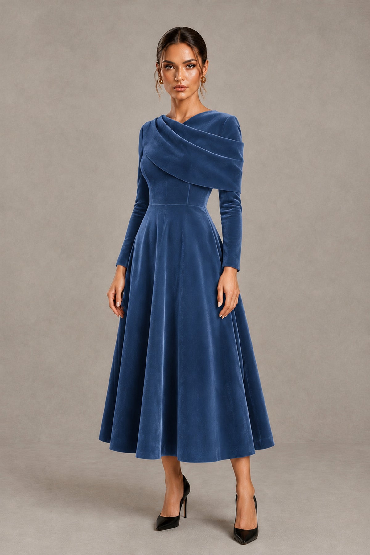BOLODOO Dusty Blue Velvet-Look Long Sleeve Tea-Length A-Line Dress with Draped Neckline - Dusty Blue - Dusty Blue_4