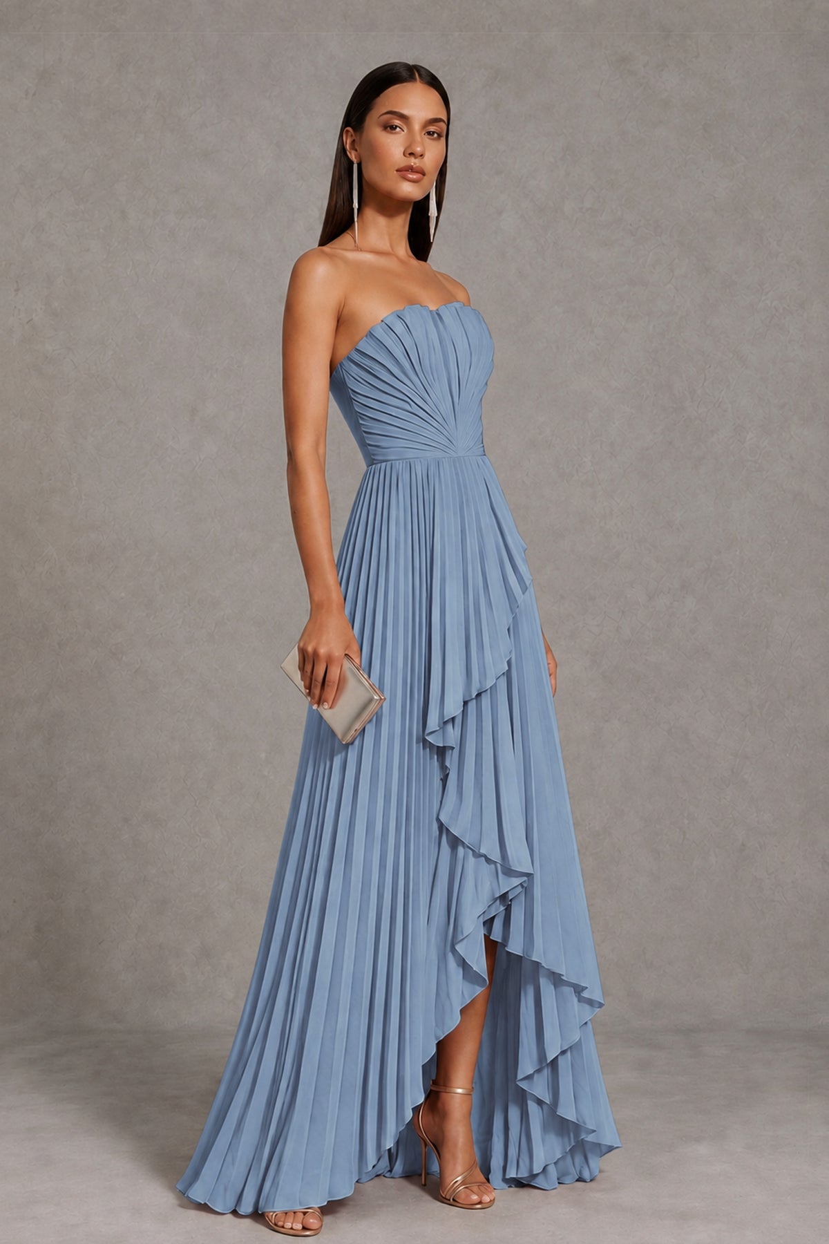 Dusty Blue Strapless Pleated High-Low Evening Gown with Ruffle Hem - Dusty Blue