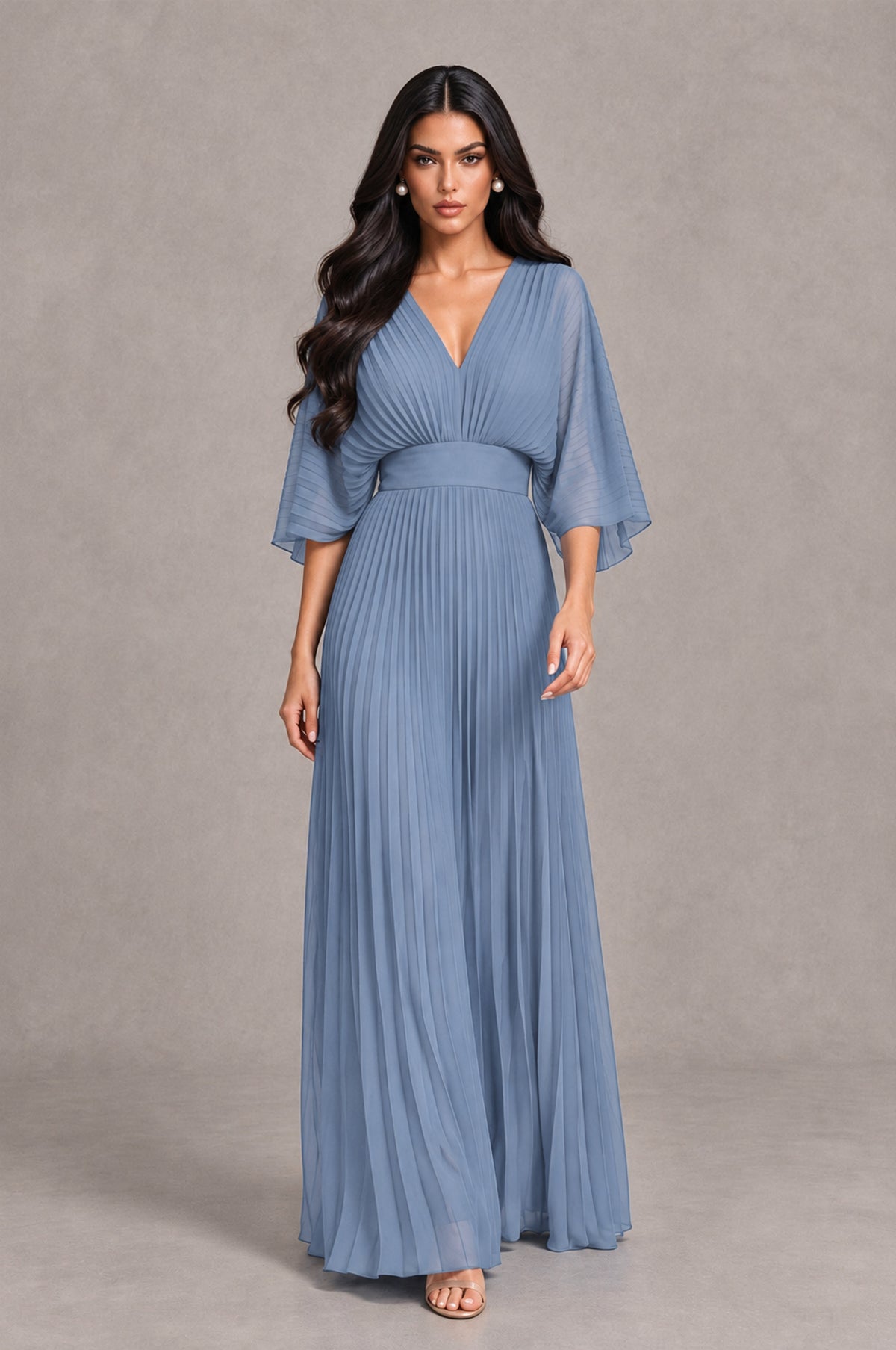BOLODOO Dusty Blue V-Neck Pleated Flutter Sleeve Formal Dress - Dusty Blue - Dusty Blue_4