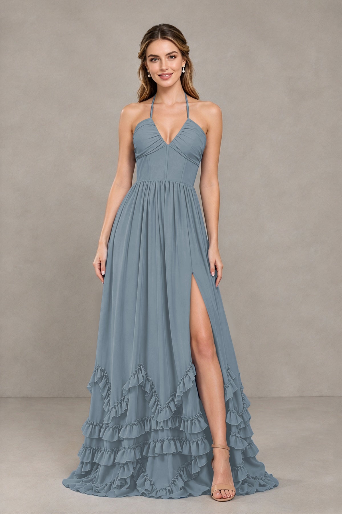 BOLODOO Dusty Blue Halter Ruffle Hem A-Line Bridesmaid Dress with High Slit - Dusty Blue - Dusty Blue(4)