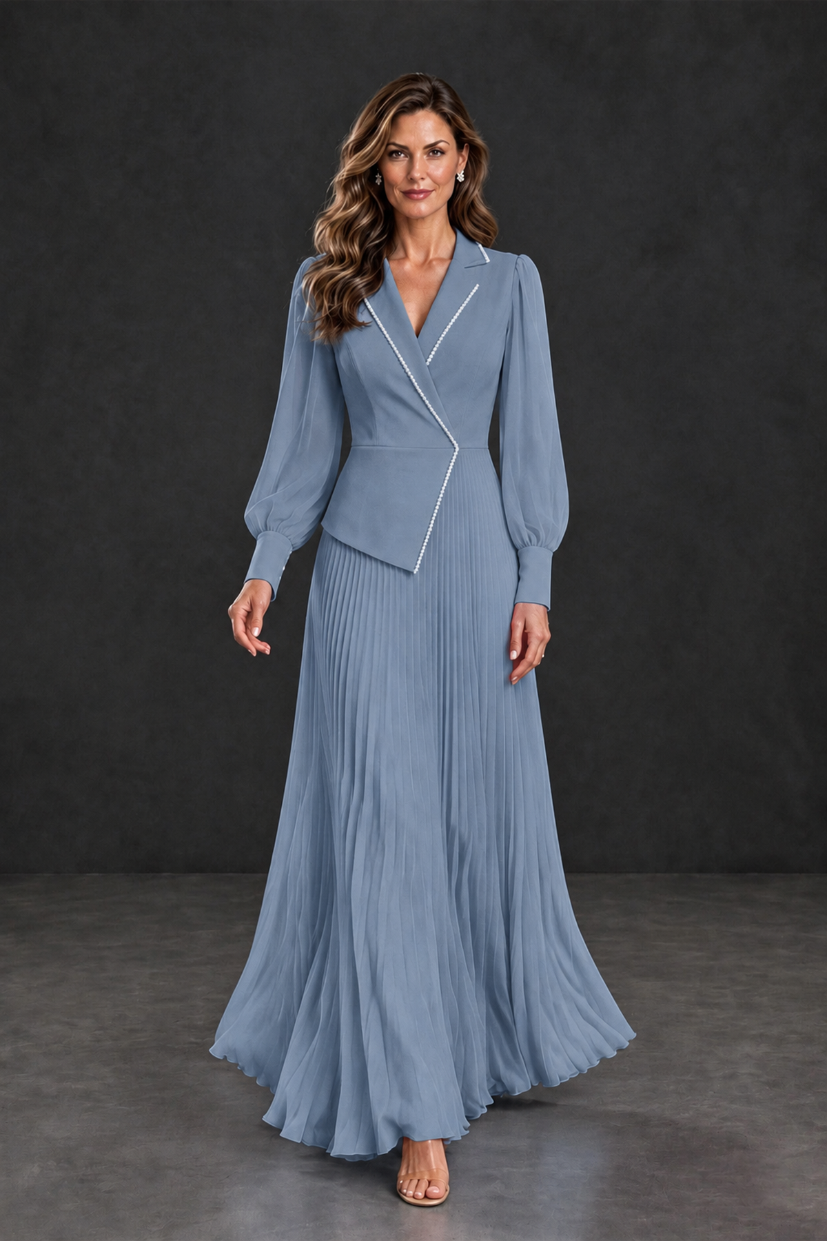 BOLODOO Dusty Blue Long Sleeve Pleated Mother of the Bride Dress - Dusty Blue - Dusty Blue_4