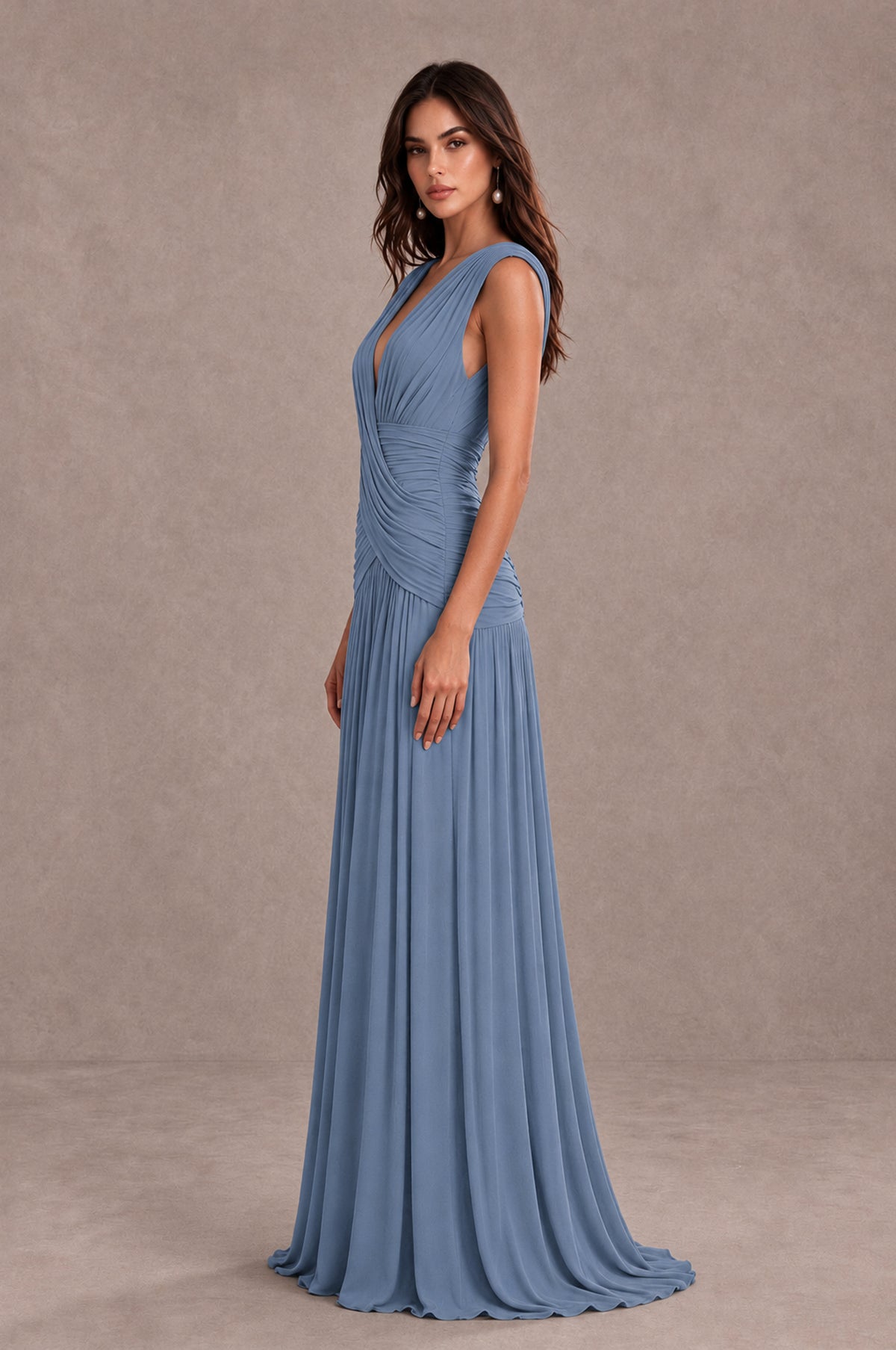 BOLODOO Dusty Blue V-Neck Ruched Wedding Guest Dress - Dusty Blue - Dusty Blue_4