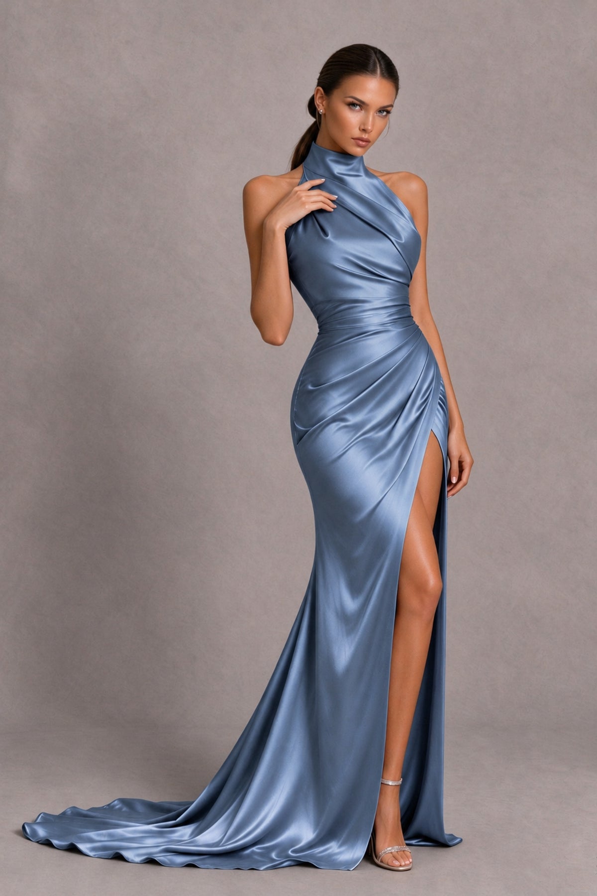 BOLODOO Dusty Blue Halter Satin-Look Evening Gown with High Slit - Dusty Blue - Dusty Blue_4